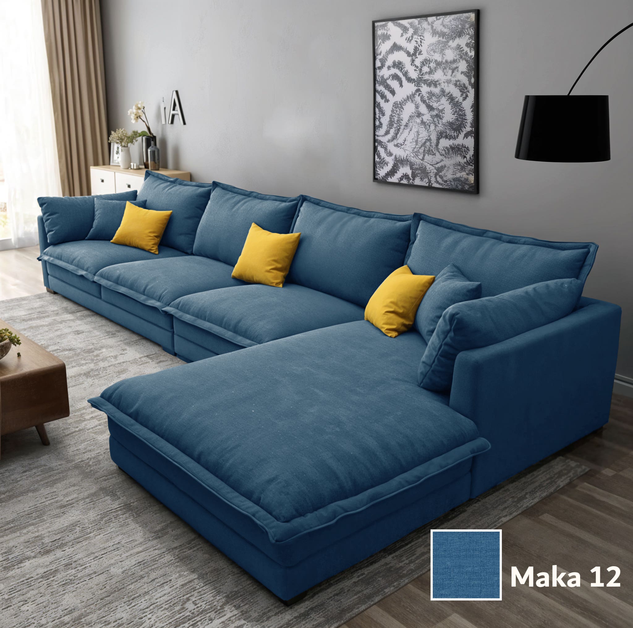 Two-piece L-shaped corner sofa, made of Mosky wood, and linen fabric, 300x200x80x70 cm - Dark Blue