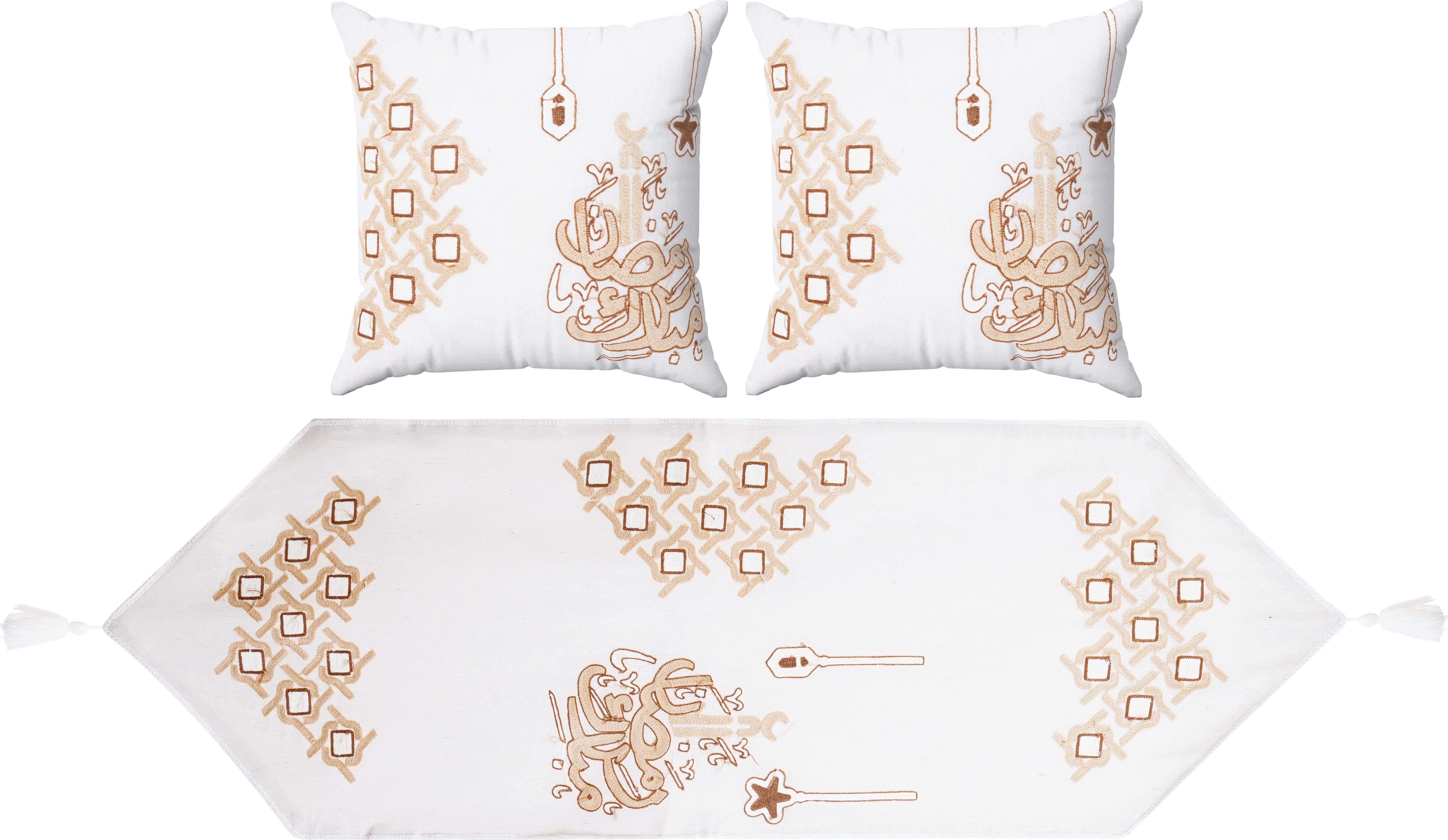 Linen Ramadan Shaped Embroidered Tablecloth Set, 3 Pieces, 375 gm Approx - White Brown