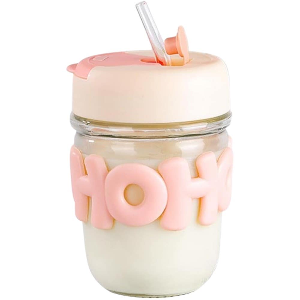 Glass Printed Mug With Silicone Lid , 450Ml - White Pink