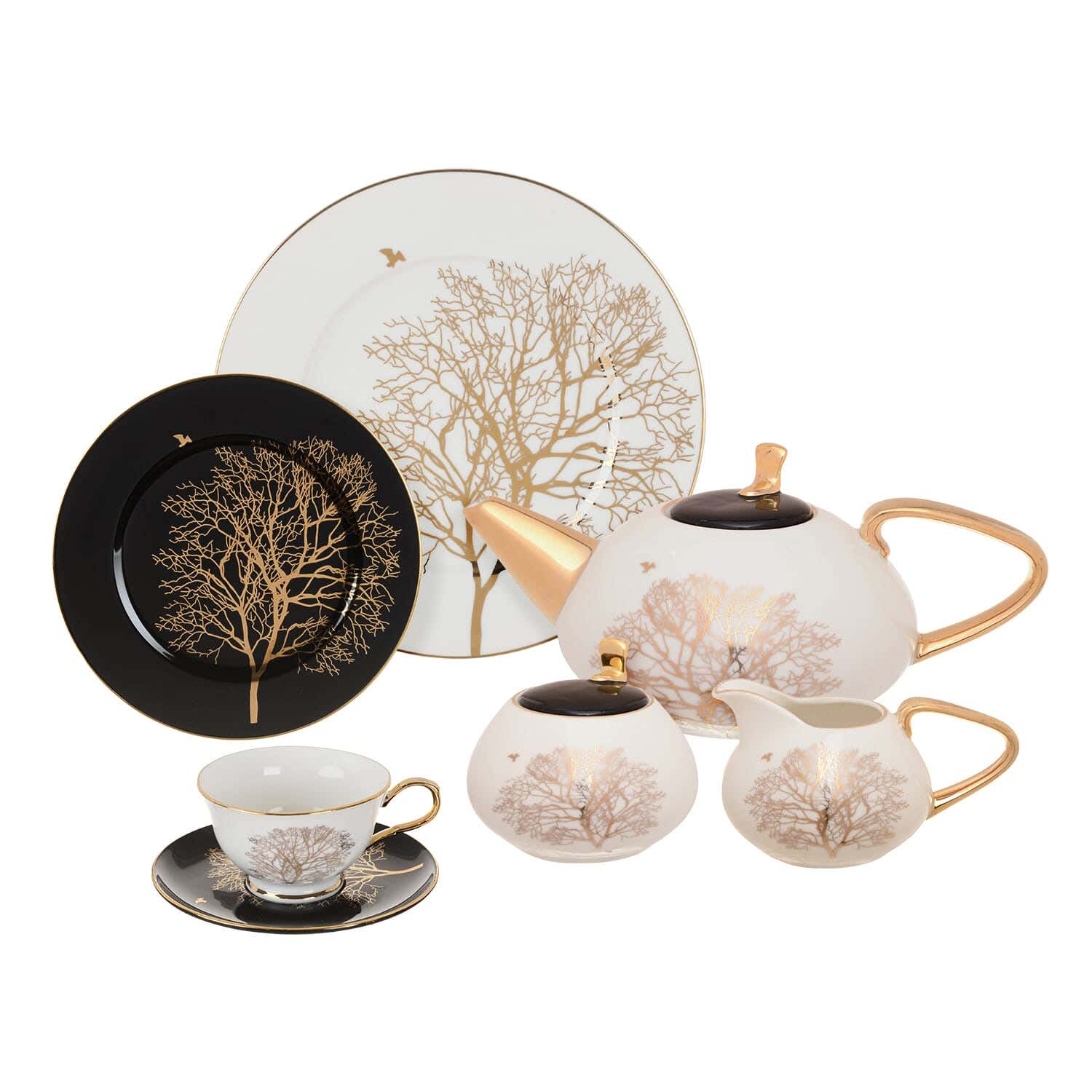 Lotus Porcelain Cake and Tea Serving, 24 Pieces - Multicolor