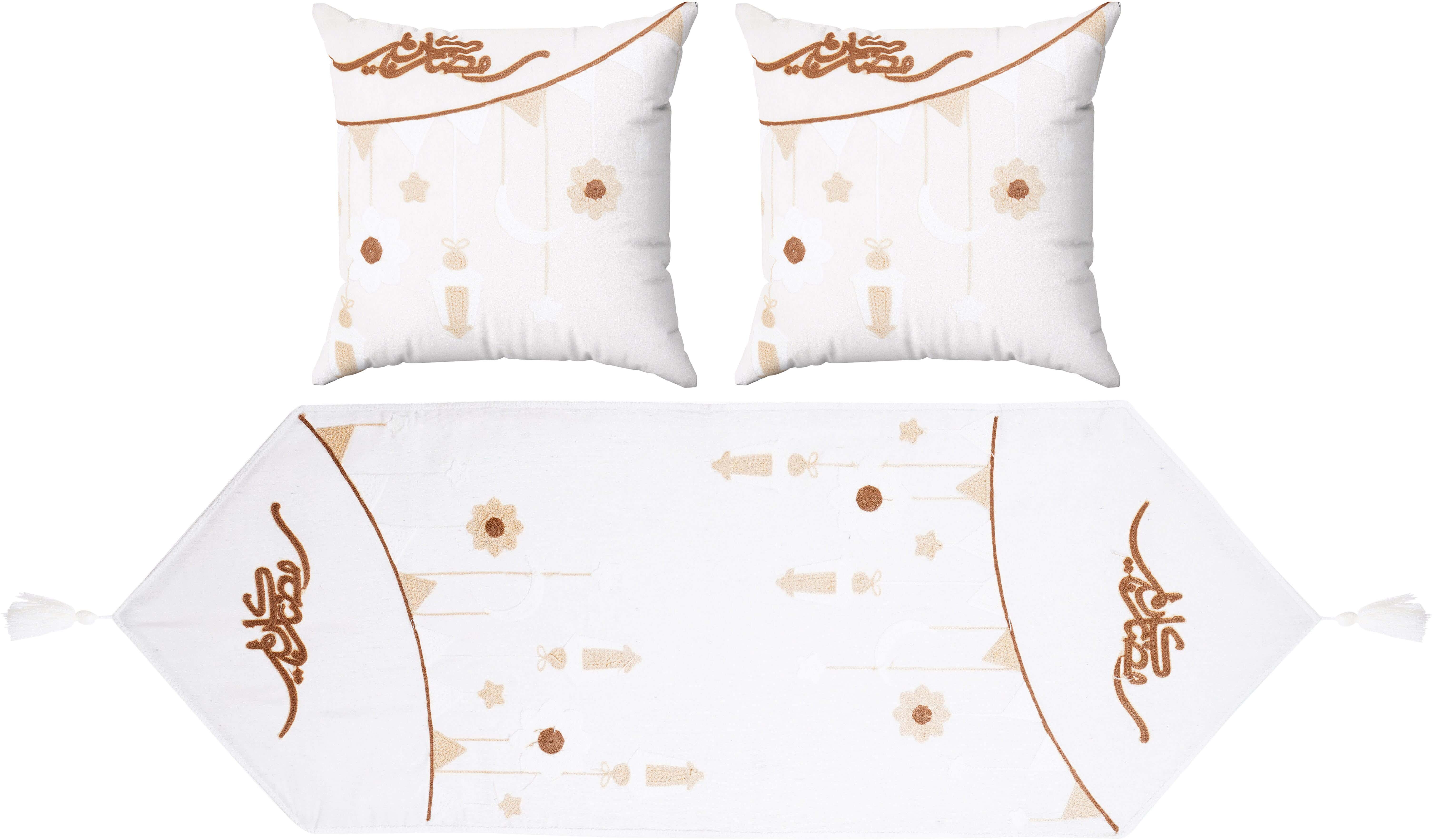 Linen Ramadan Shaped Embroidered Tablecloth Set, 3 Pieces, 375 gm Approx - White Brown