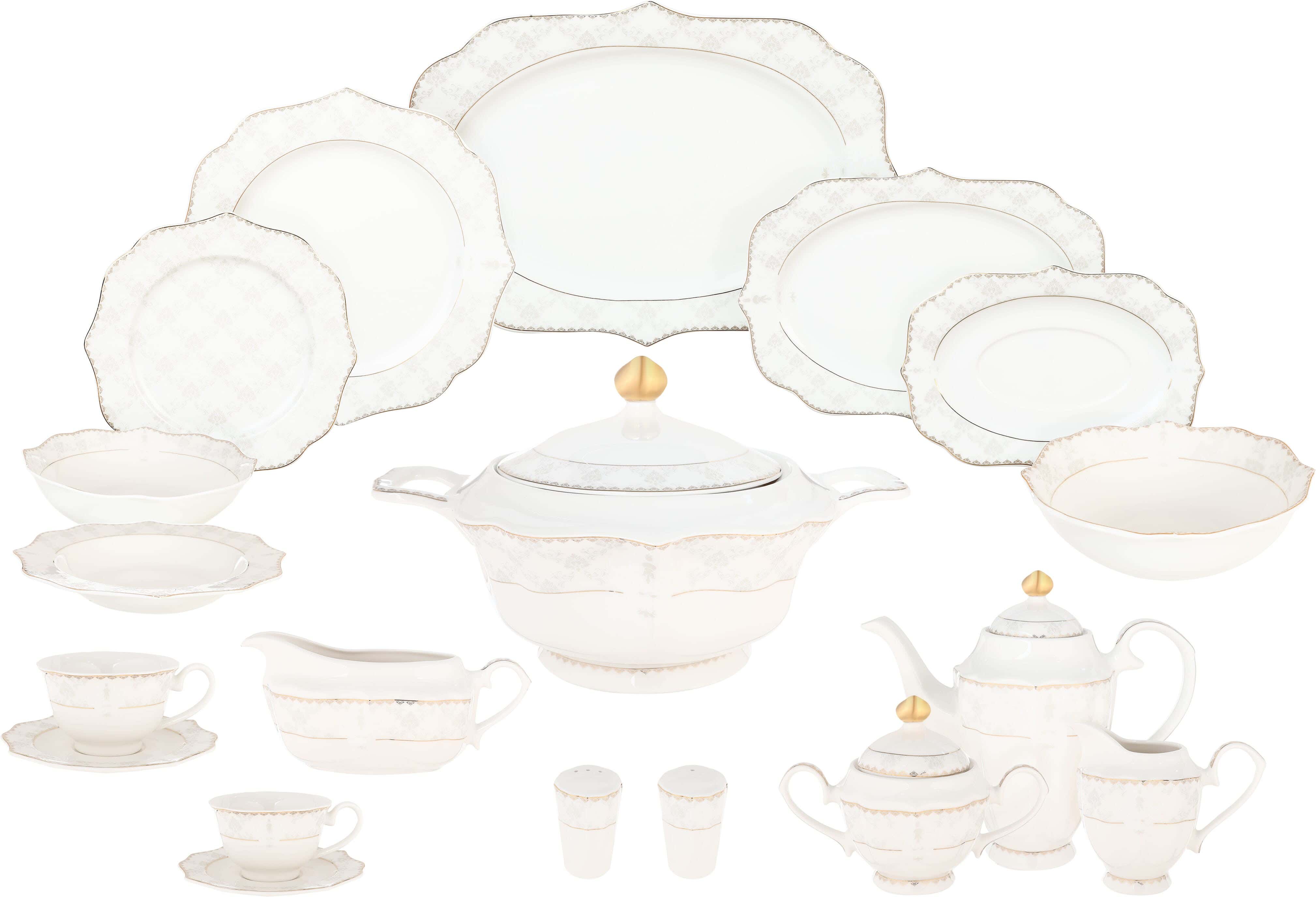 Lotus Sunrise Porcelain Dinner Set, 62 Pieces - White Gold