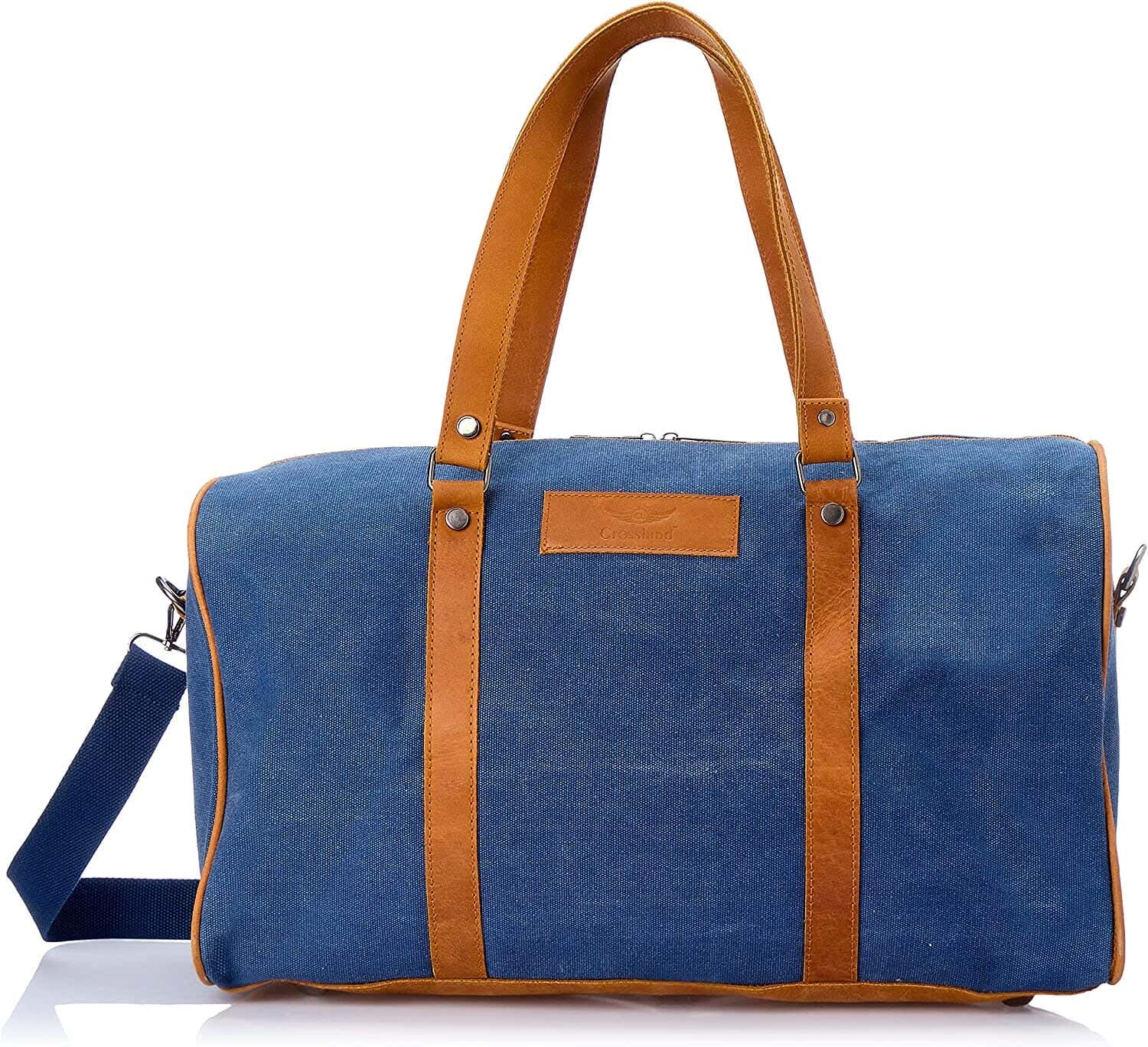 Crossland Leather and Canvas Duffle Bag, Lightweight, 50 × 25 × 20 cm - Navy Blue