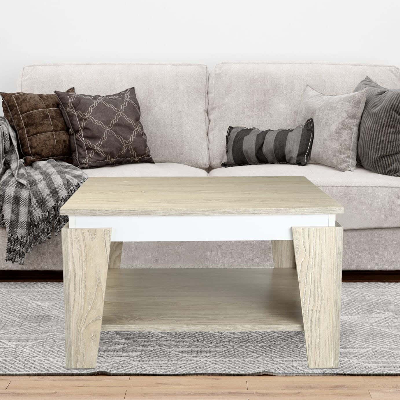 MDF Wood Center Table, 70×70×44 Cm, 1 Shelf - Beige White
