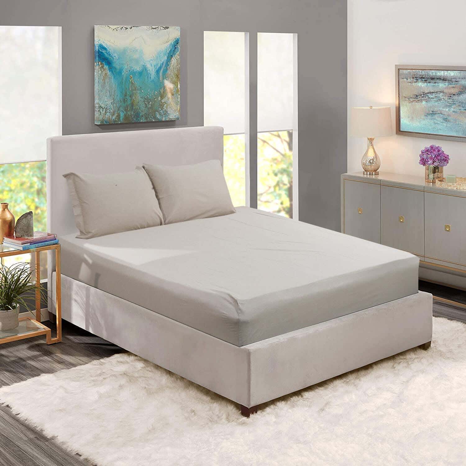 Al Maamoun Cotton Fitted Bed Sheet Set, 3 Pieces, 180×200 cm, 1270 gm - Beige