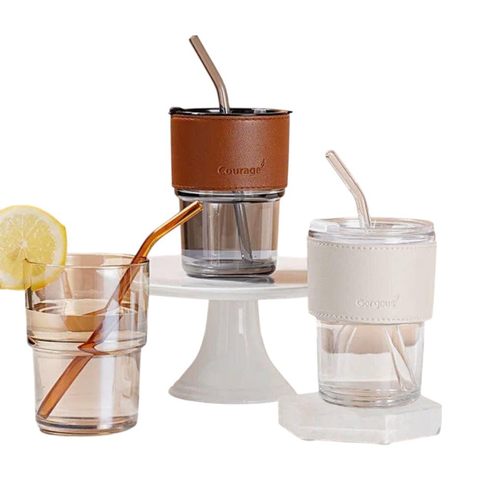 Pyrex Glass Cup With Lid And Straw - Brown Clear