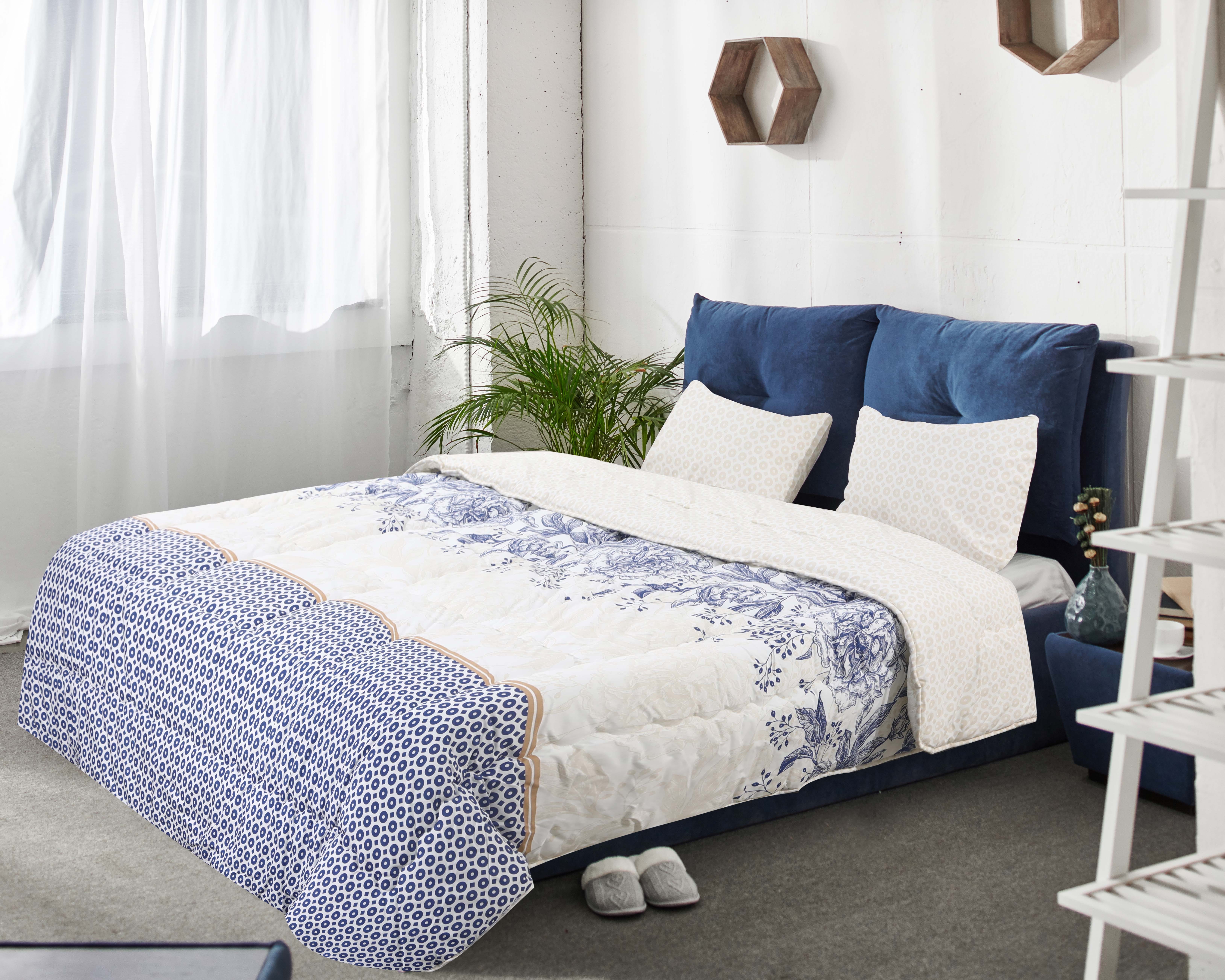 Forbed Cotton Double Quilt Set, 3 Pieces, 240×225 cm - White Blue