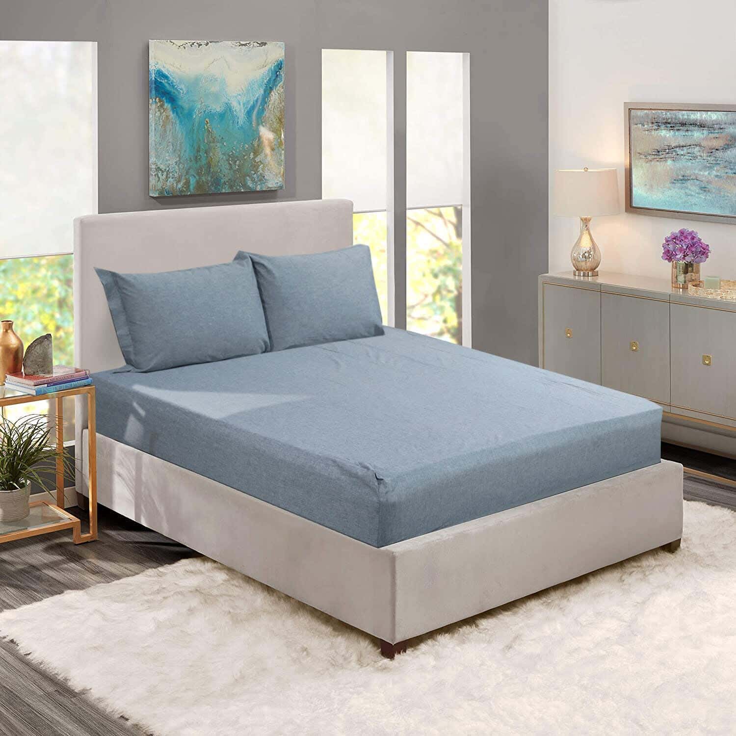 Al Maamoun Cotton Fitted Bed Sheet Set, 3 Pieces, 180×200 cm, 1270 gm - Navy