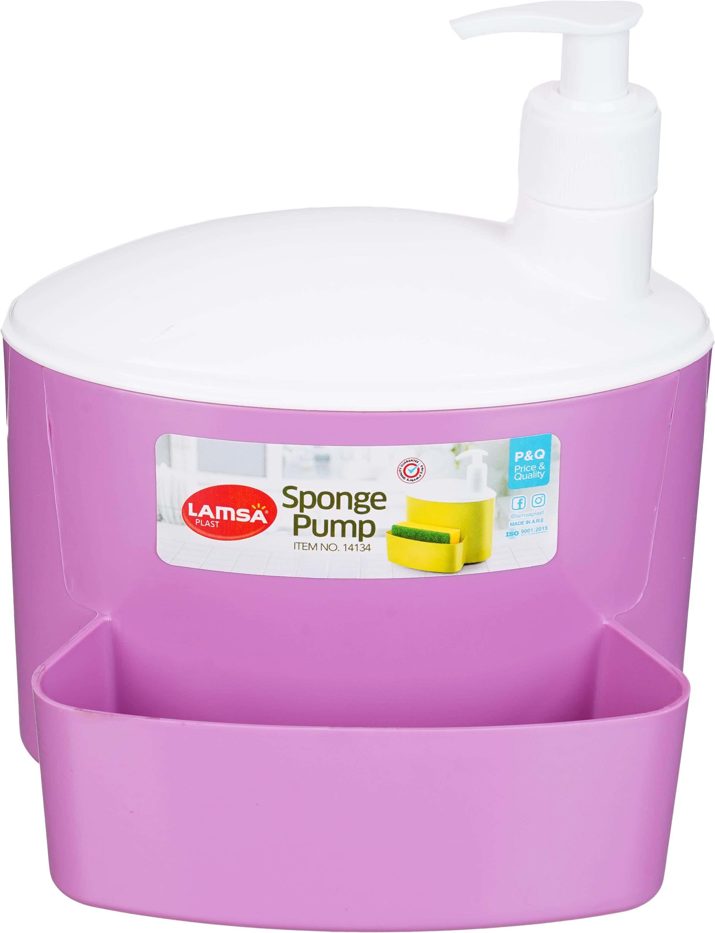 Lamsa Plast Plastic Soap Pump With Front Sponge Holder, 13×16×19 Cm - Pink White