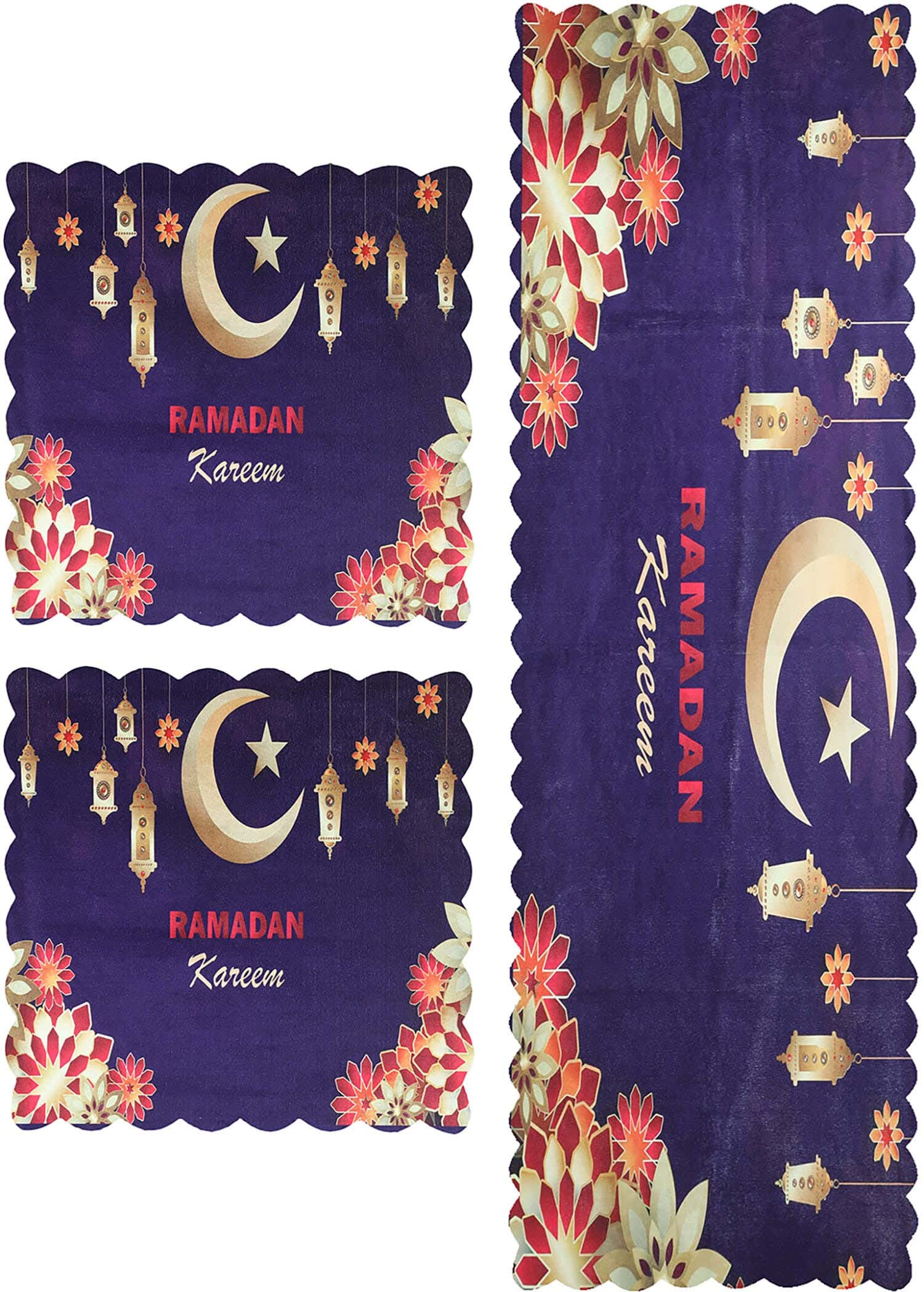 Velvet Printed Bedspread Set With Ramadan Patterns, 3 Pieces - Purple