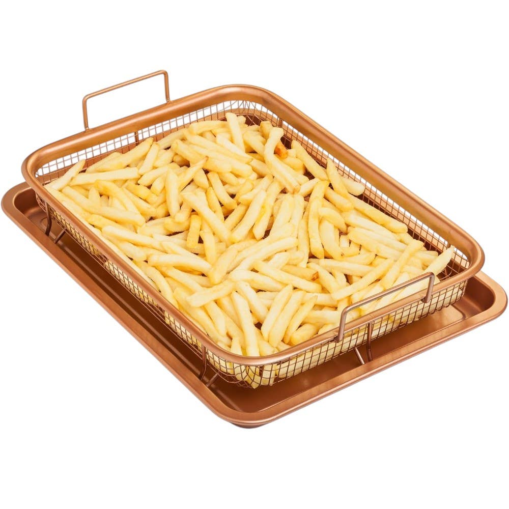 Rectangular Copper Frying Pan With Non - Stick Mesh Basket - Gold
