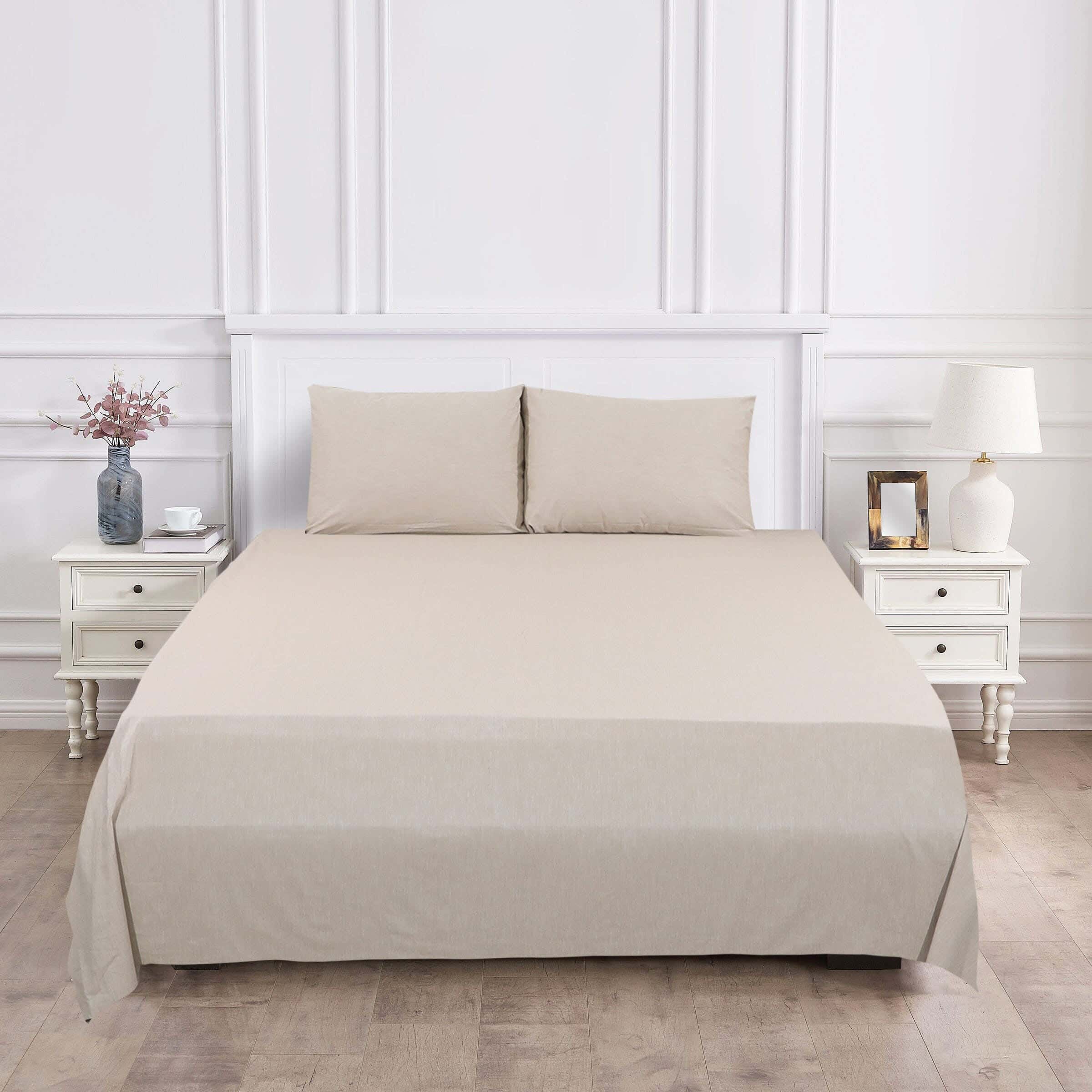Al Maamoun Fitted Cotton Bed Sheet Set, 3 Pieces, 240×260 cm, 1240 gm - Beige
