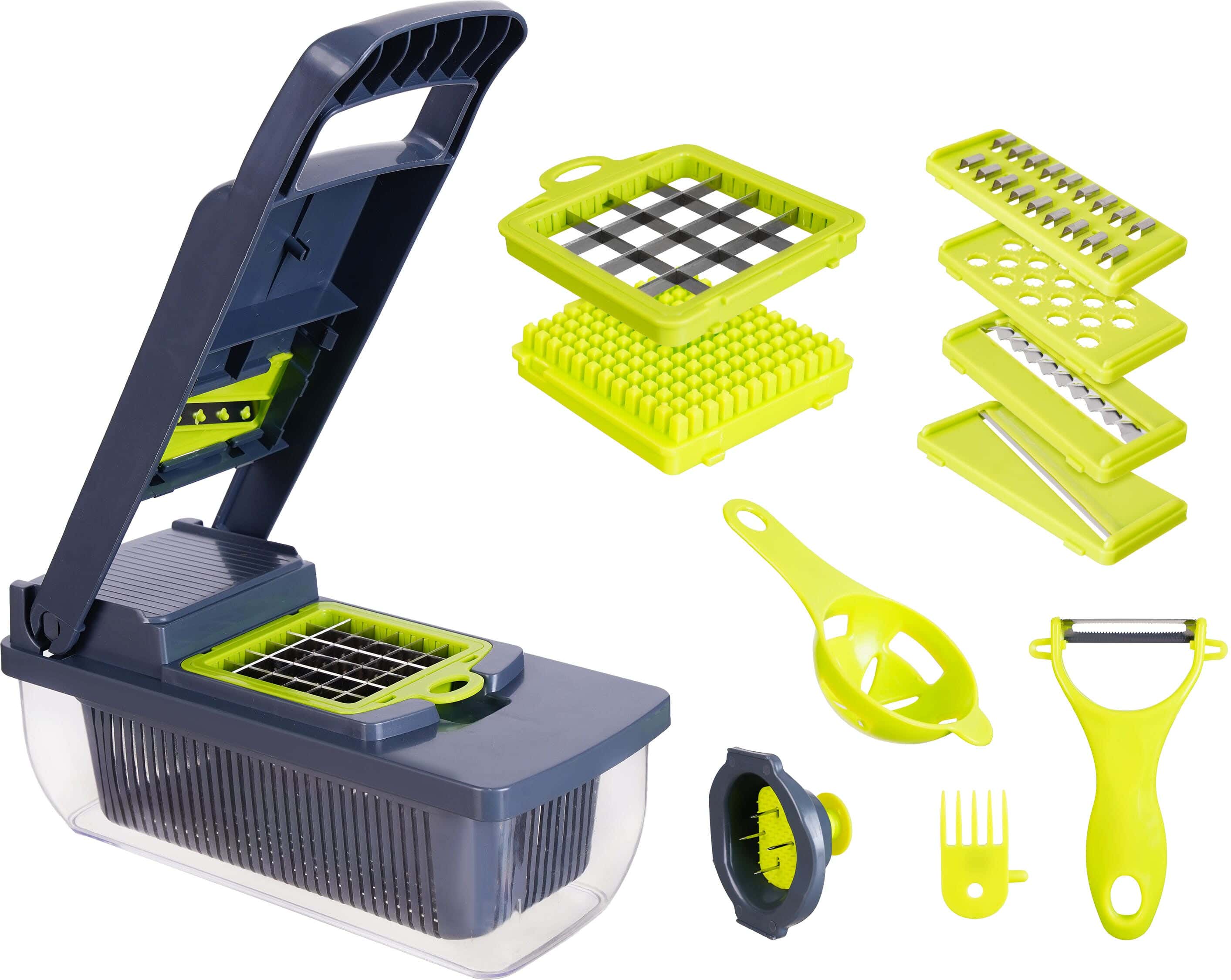 Plastic Multipurpose Vegetable Cutter, 16 Pieces, Metal Blades - Grey