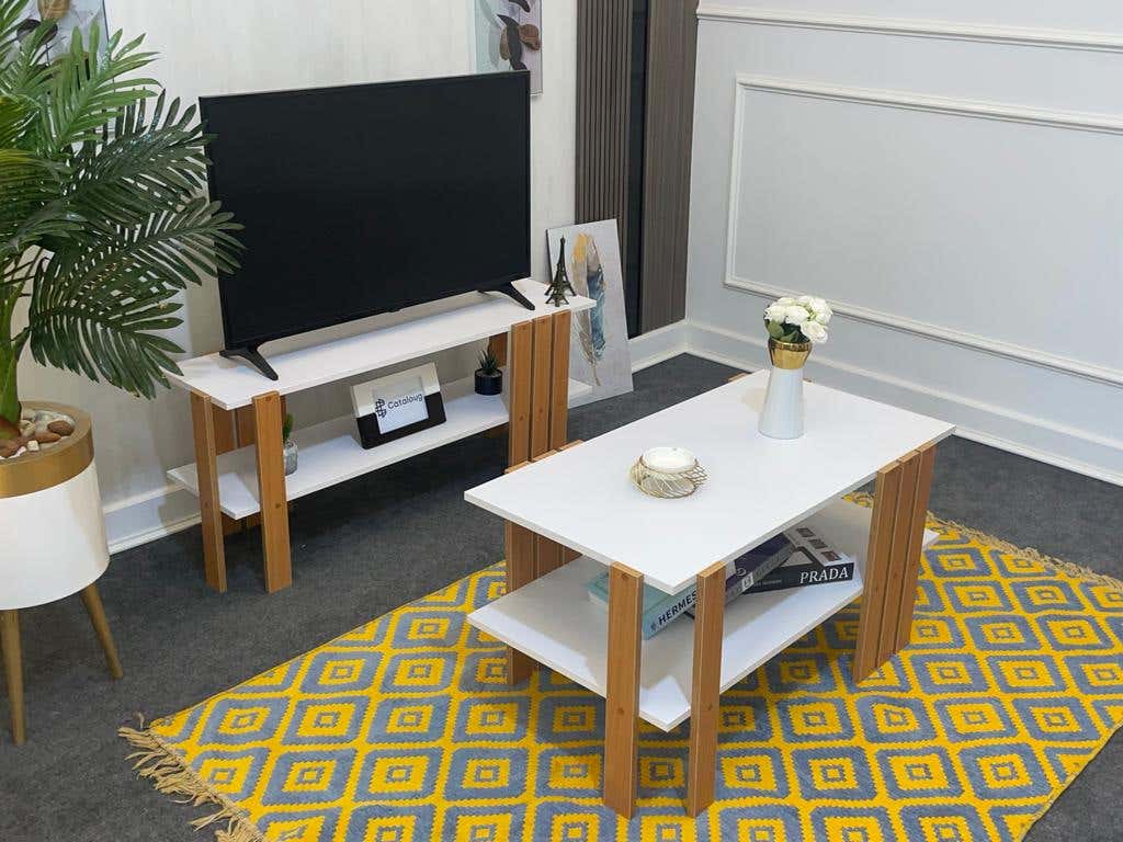 MDF Wood Screen Table + Center Table - White Brown
