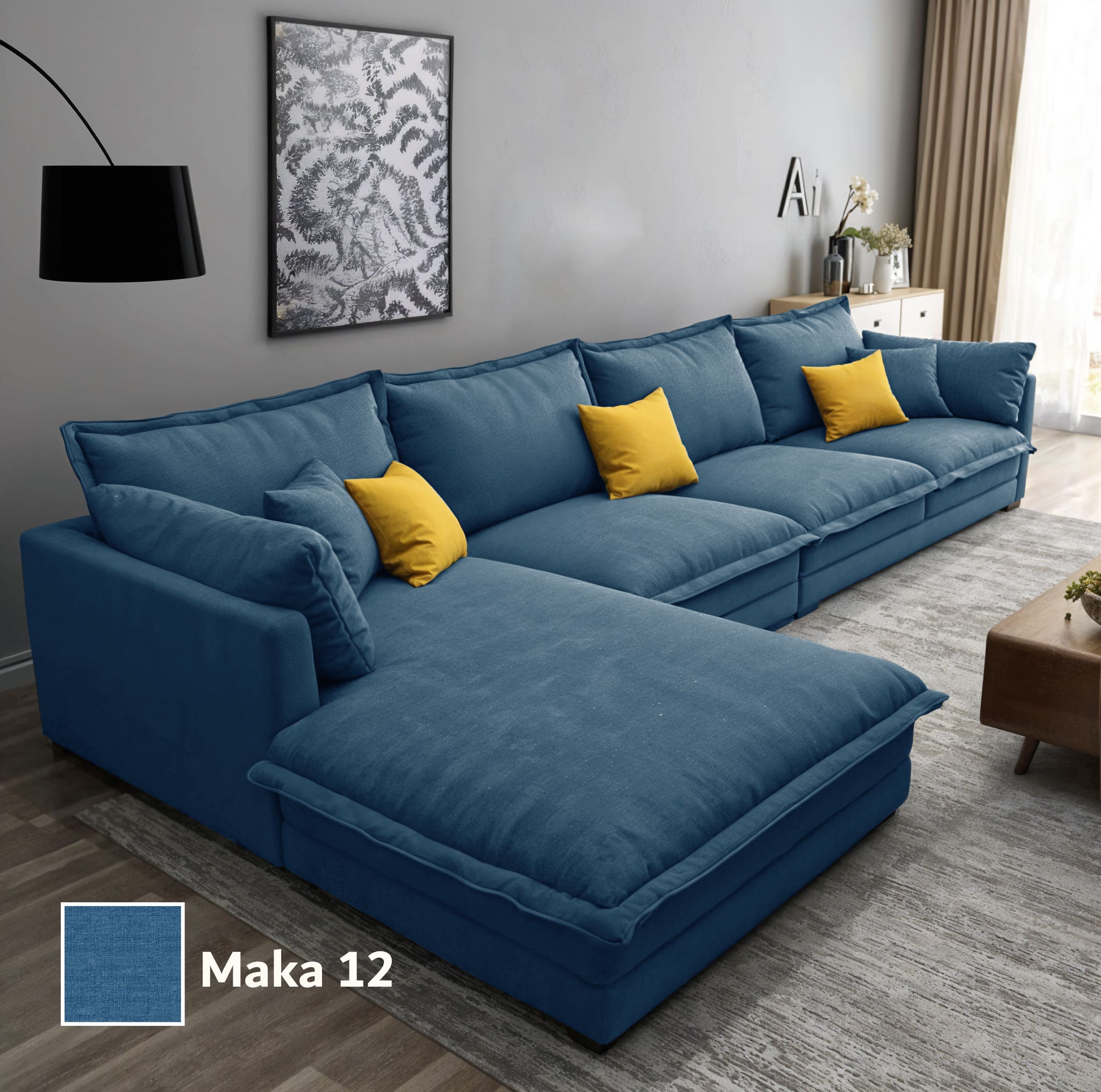Two-piece L-shaped corner sofa, made of Mosky wood, and linen fabric, 300x200x80x70 cm - Dark Blue