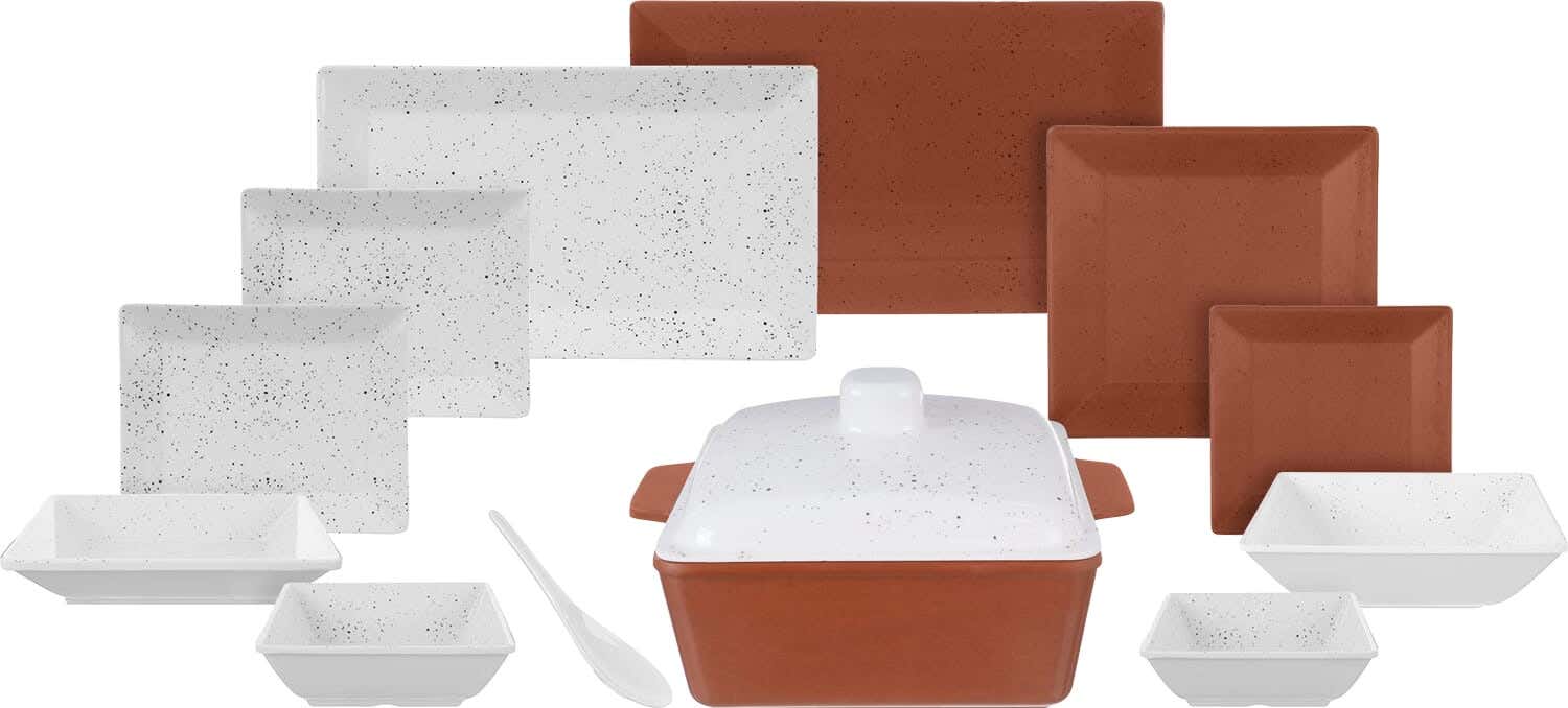 AlSherif Square Melamine Dinner Set, 38 Pieces - Brown Off White