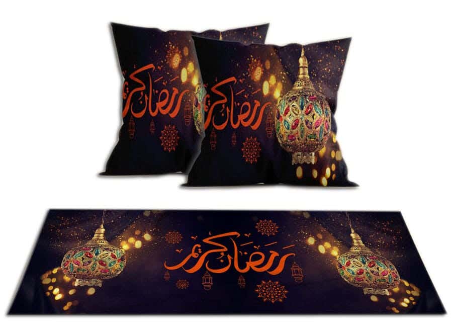 Velvet Runner Tablecloth Ramadan Pattern, With 2 Cushion Covers - Multicolor