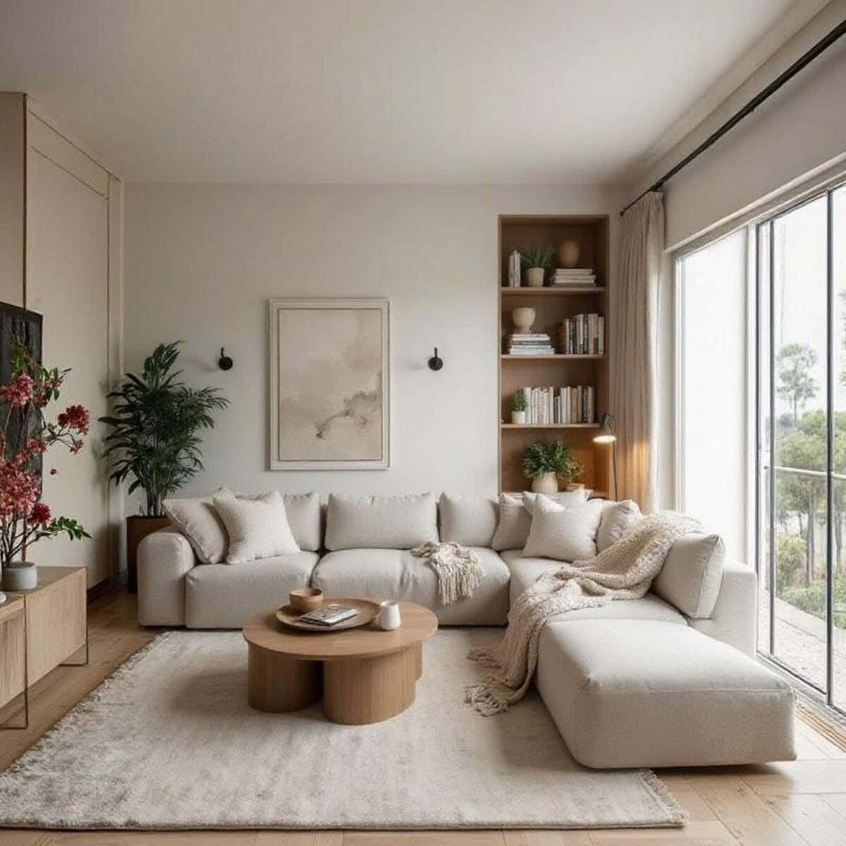 L-shaped corner sofa, beech wood, linen, 200x300x90x80 cm - Beige
