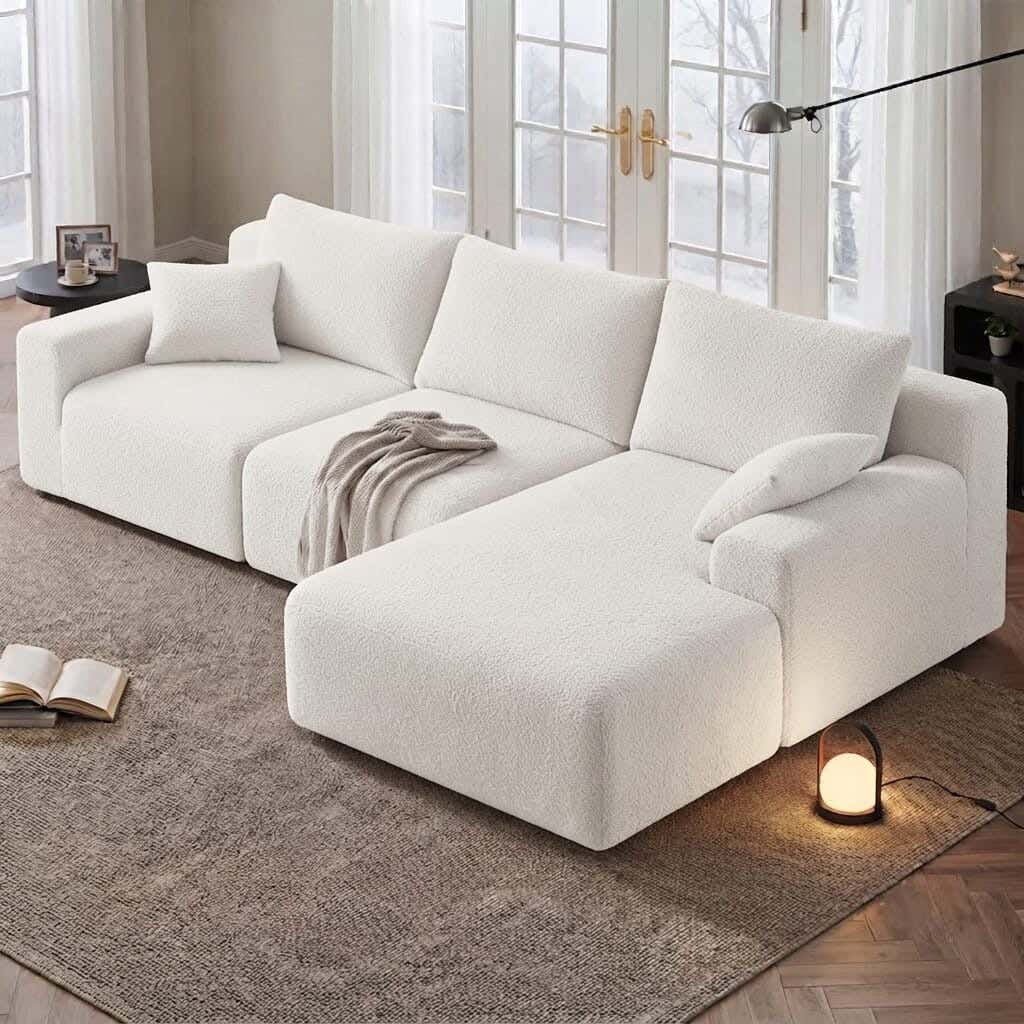 Corner sofa made of beech wood and Panda fabric, 150×280×80 cm - Beige