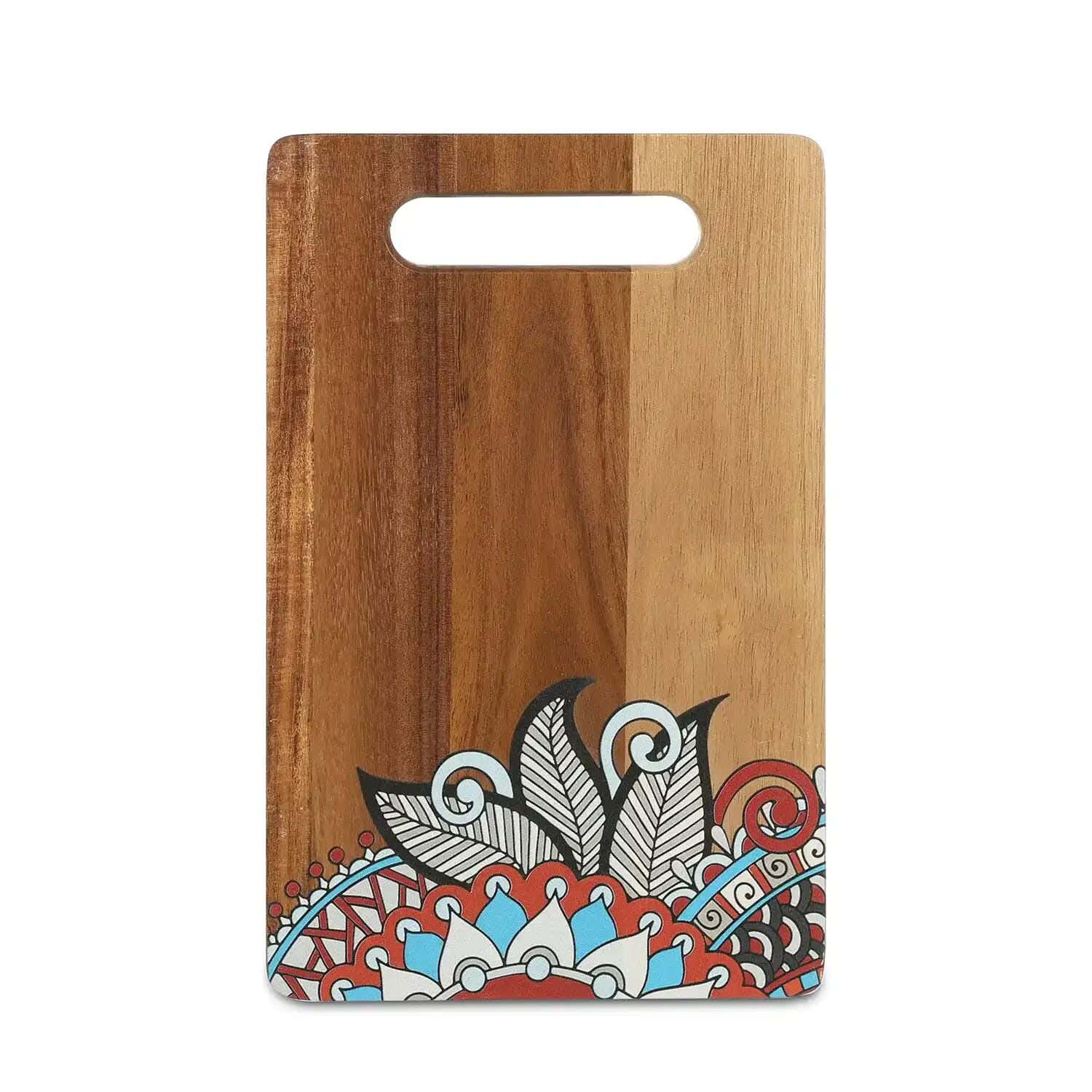 Serving Board, Rectangular, 28 X 18 X 2 Cm High, With Henna Design, Natural Wood.
