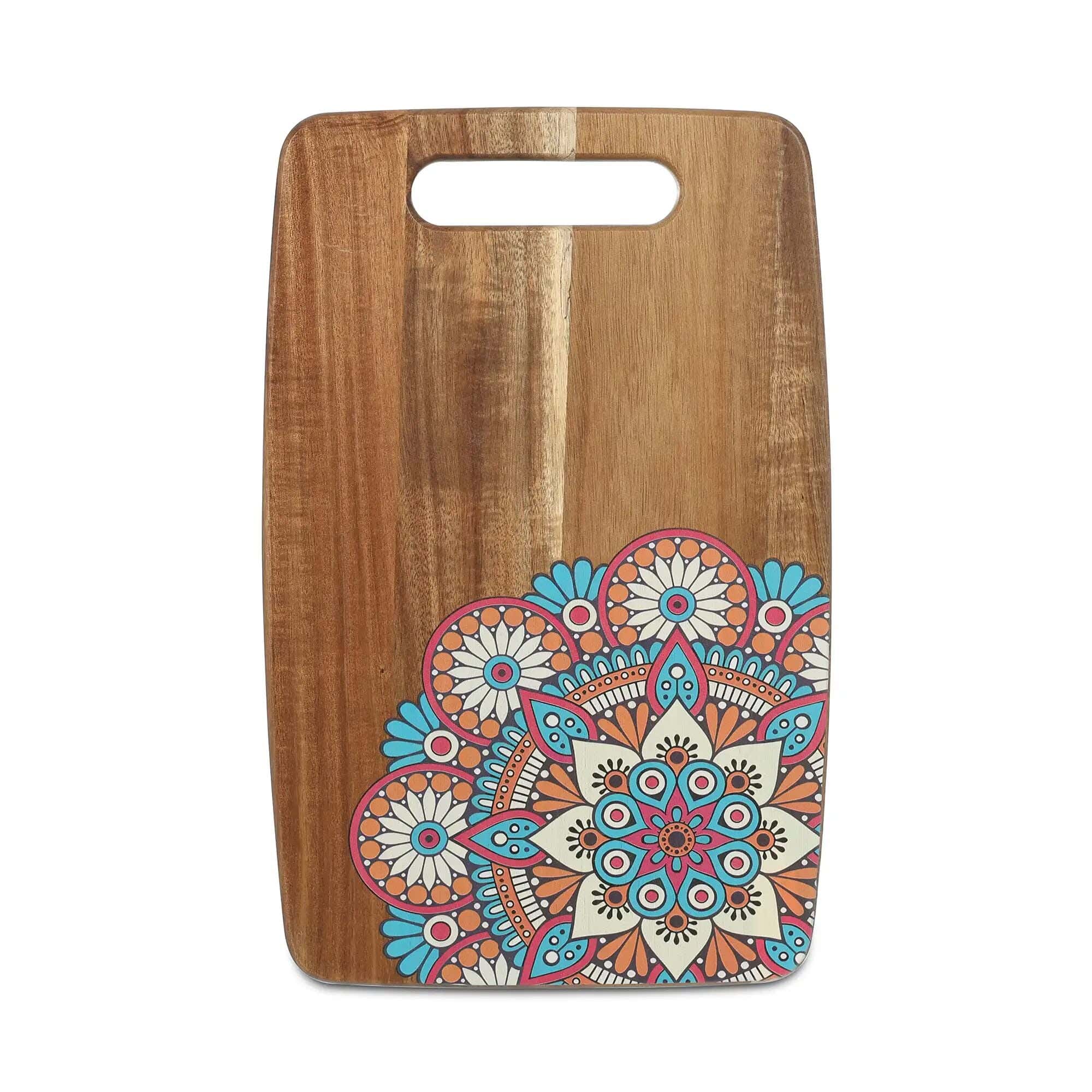 Serving Board, Rectangular With A Curve, Measuring 34 X 22 X 2 Cm In Height, With A Mandala Design, Made Of Natural Wood.