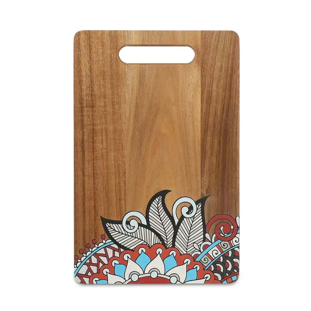 Serving Board, Rectangular, Measuring 34 X 22 X 2 Cm In Height, With A Henna Design, Natural Wood.