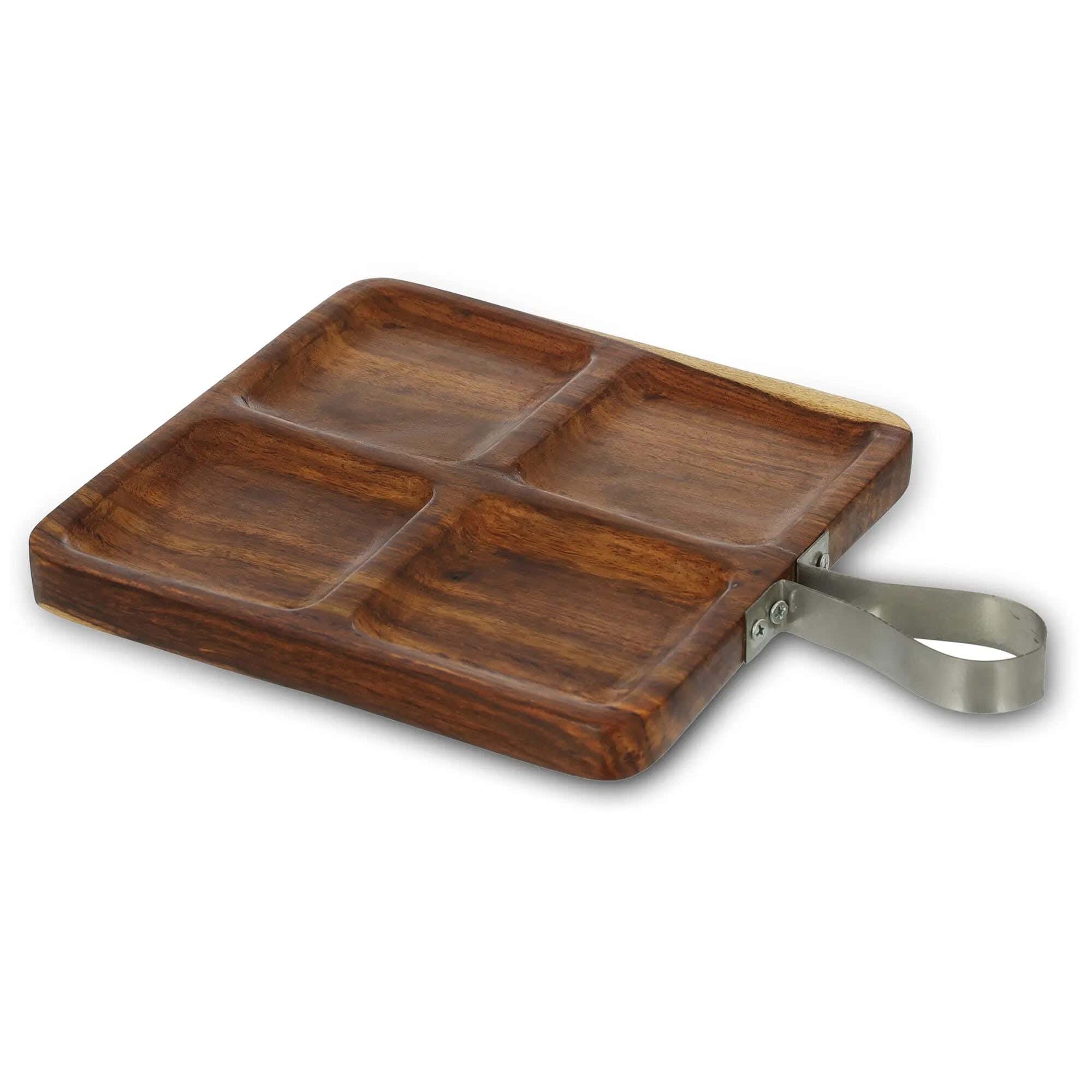 4-Compartment Nut Serving Dish With Metal Hook, Square, 23 Cm X 3 Cm High, Natural Wood.