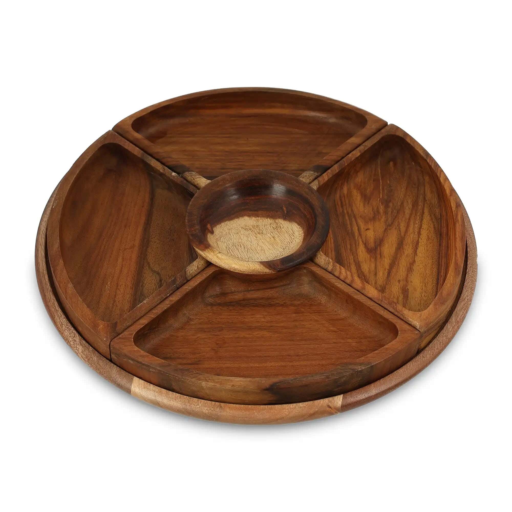 Nut Serving Dish With 5 Bowls, Round, Measuring 31 Cm X 4 Cm High, Natural Wood.