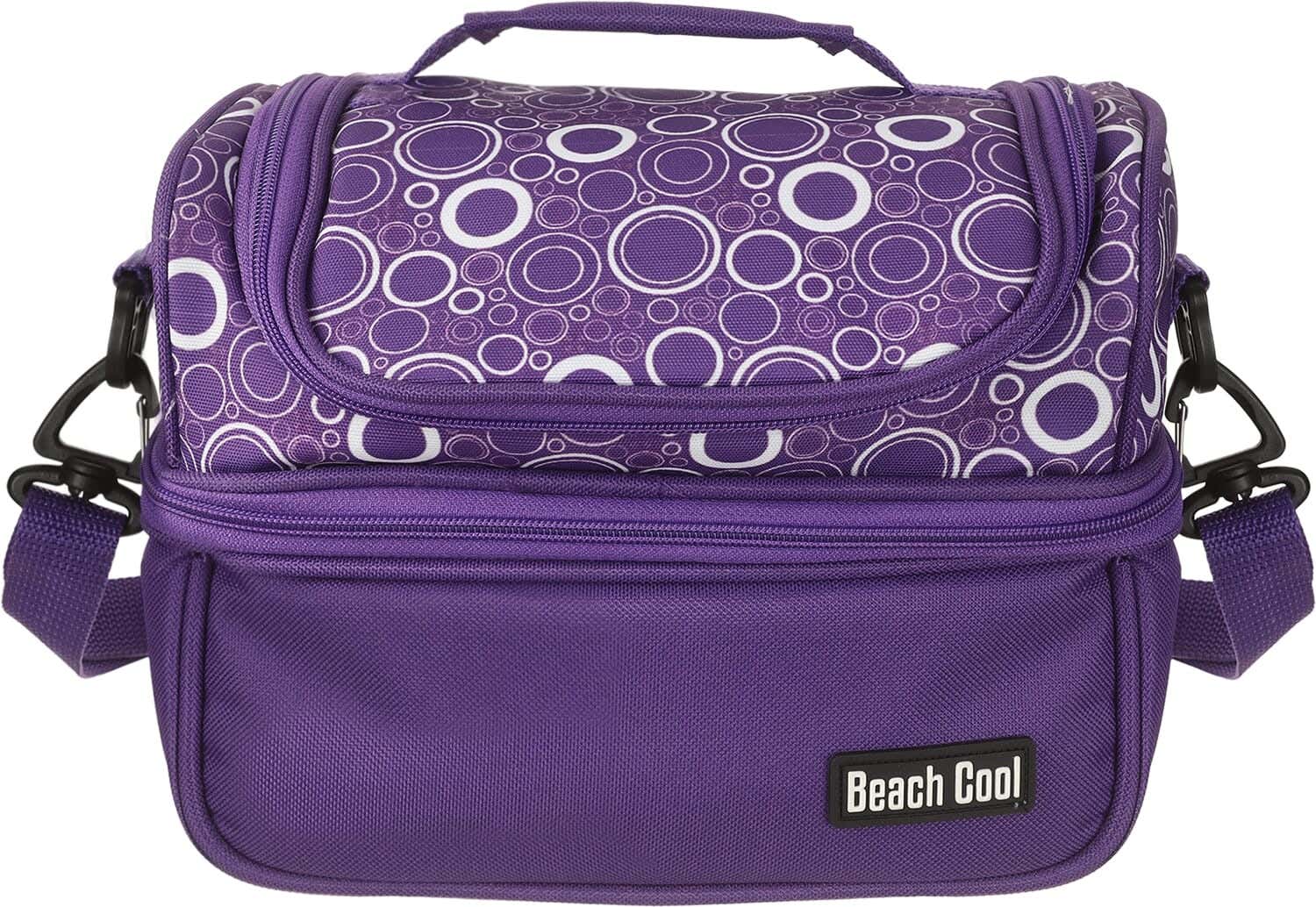 Beach Cool Insulated Fabric Food and Beverage Bag, 2 Levels, 2 Zippers, 7 Liter - Purple White