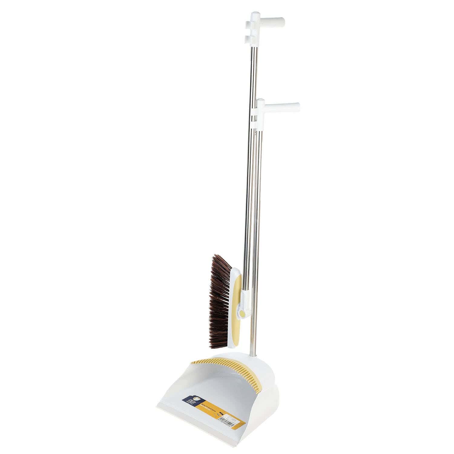 Riena Mora Plastic Dustpan Cleaning Brush with Stainless Steel Handle, 100 cm - White Yellow