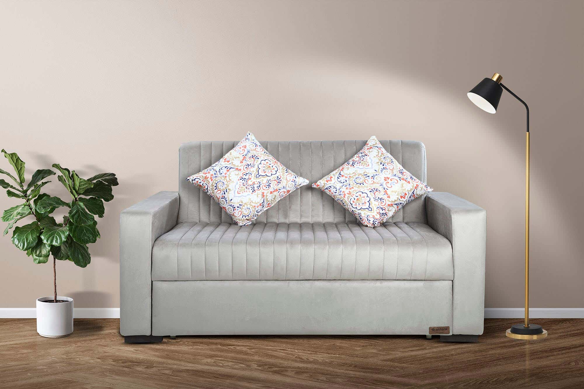 Aldora Waves Sofa Bed, Natural Wood, Velvet Fabric, 145 × 85 × 85 cm - Beige
