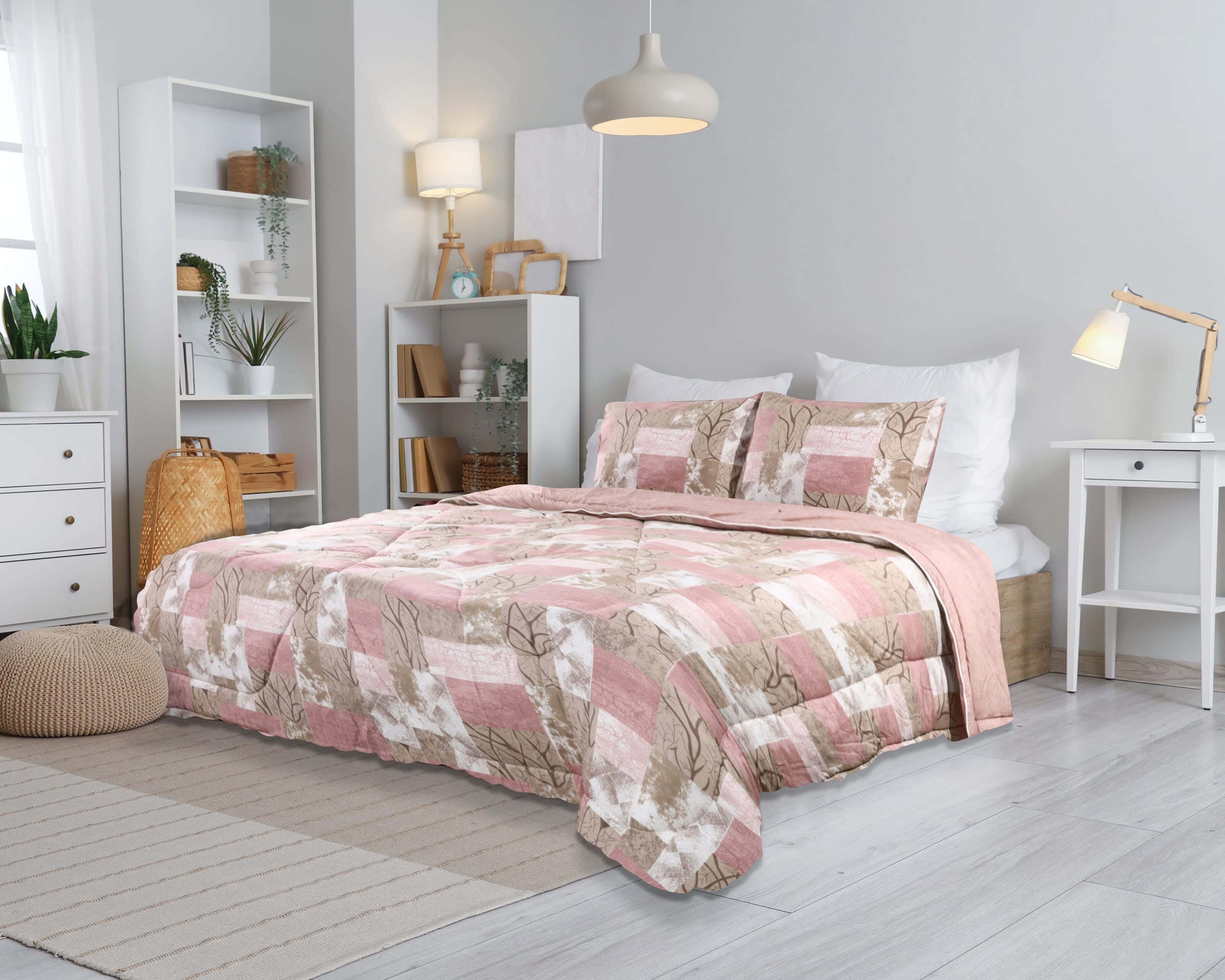 Ronza Home Cotton Double Sided Quilt Set, 3 Pieces, 240x250 cm, 4800 gm - Brown Pink