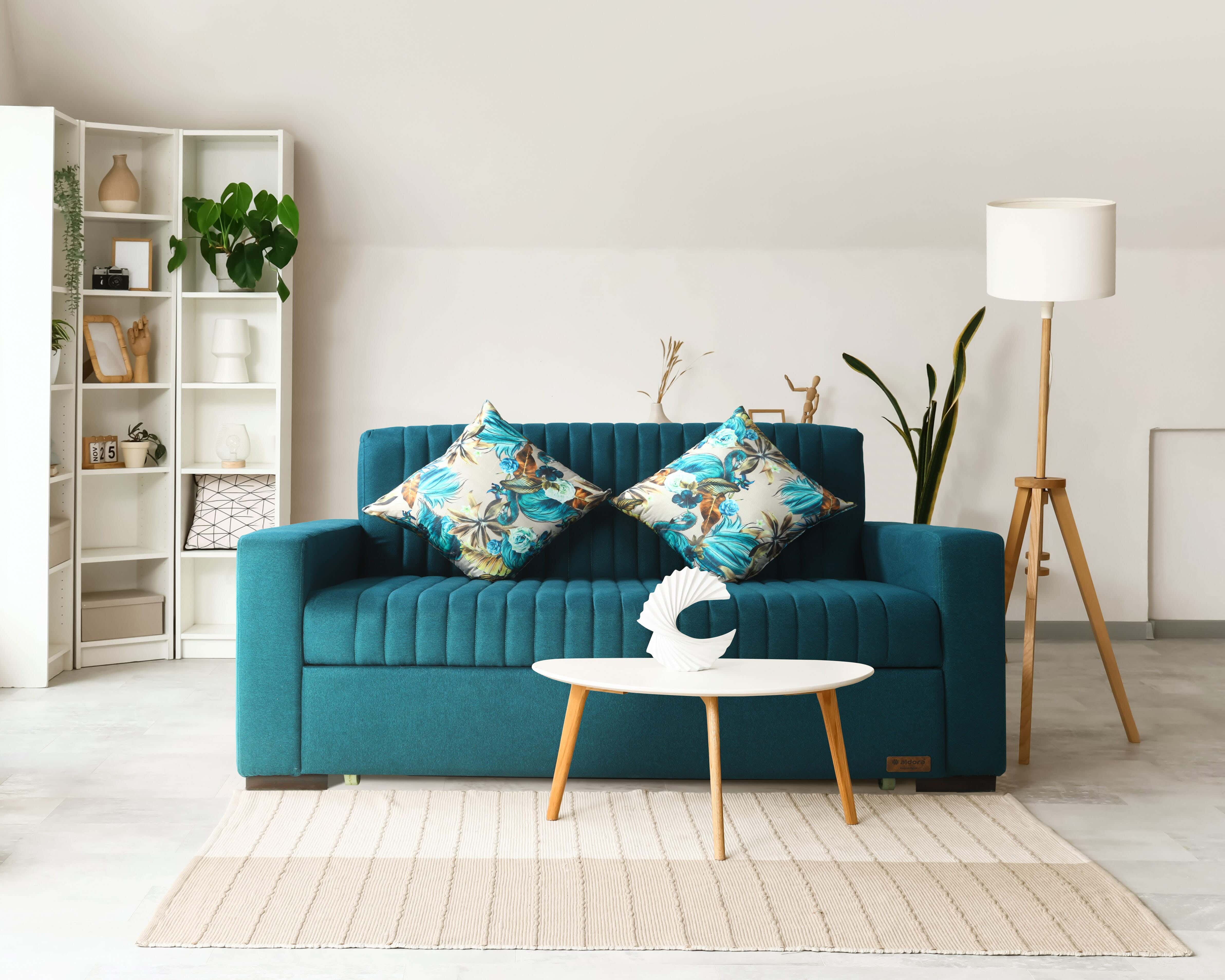 Aldora Emza Beech wood sofa bed linen fabric, 2 seats, 2 cushions, 140×85×83 cm - Petrol