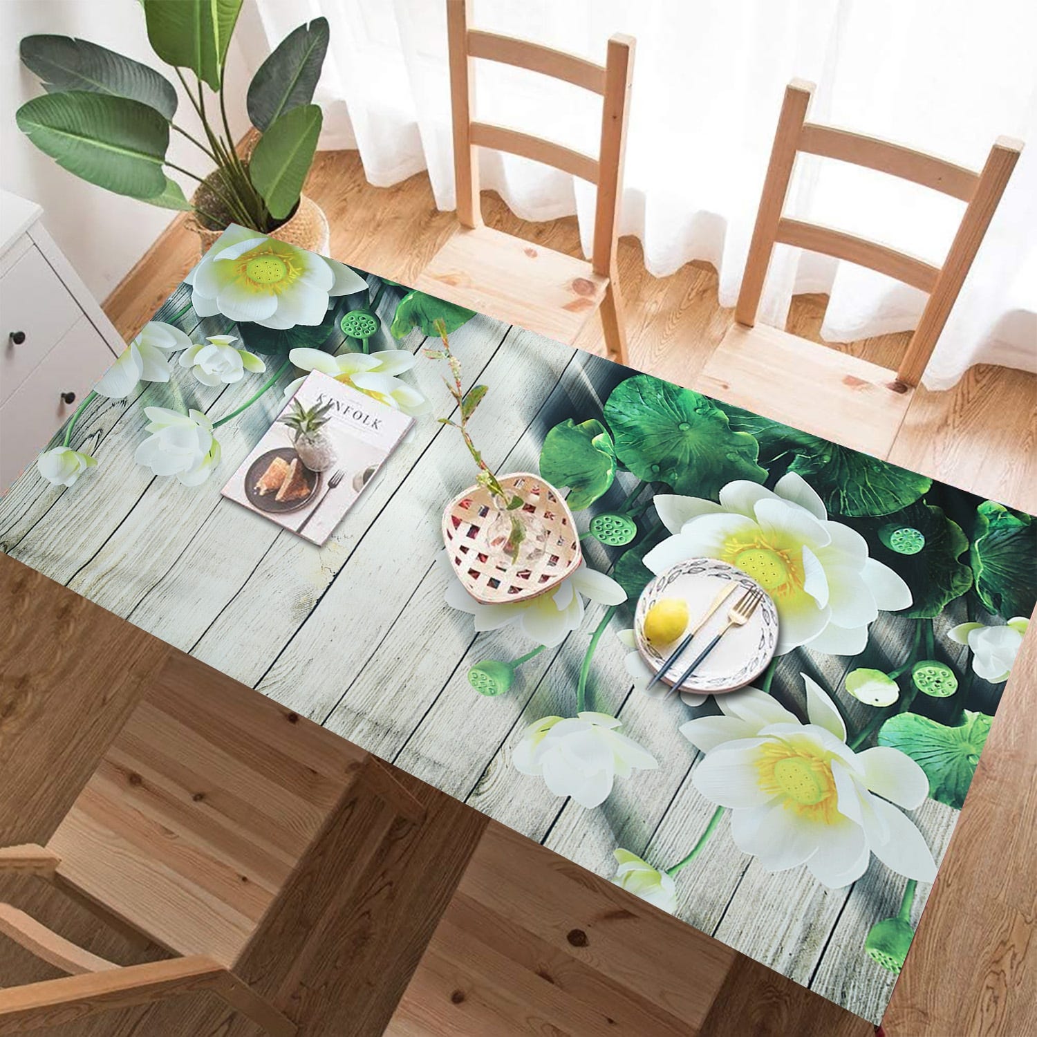Velvet Tablecloth, 240×145 cm - Green Off White
