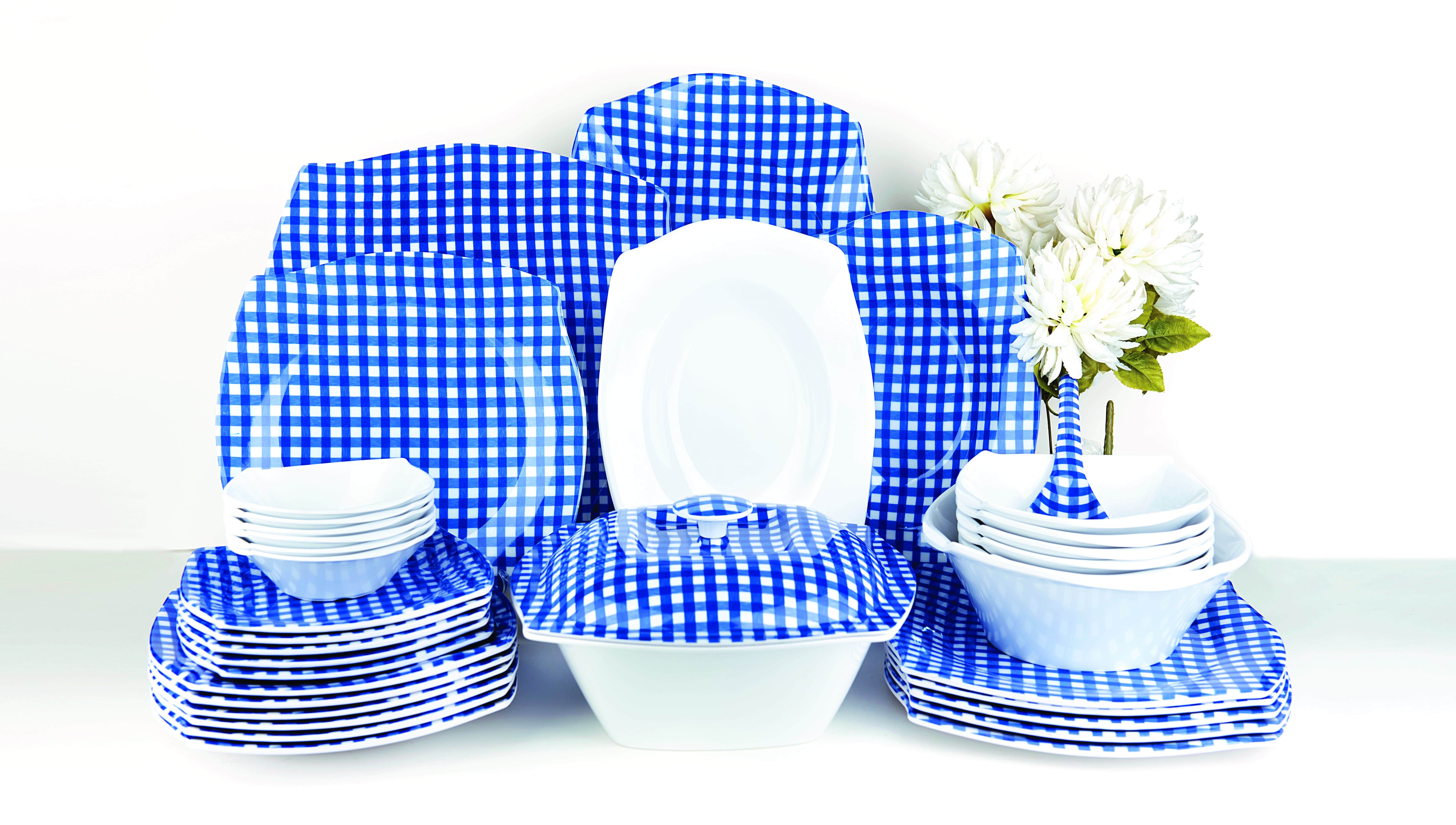 Melamine set, 38 pieces, square, pure melamine, mixed carotene - blue white