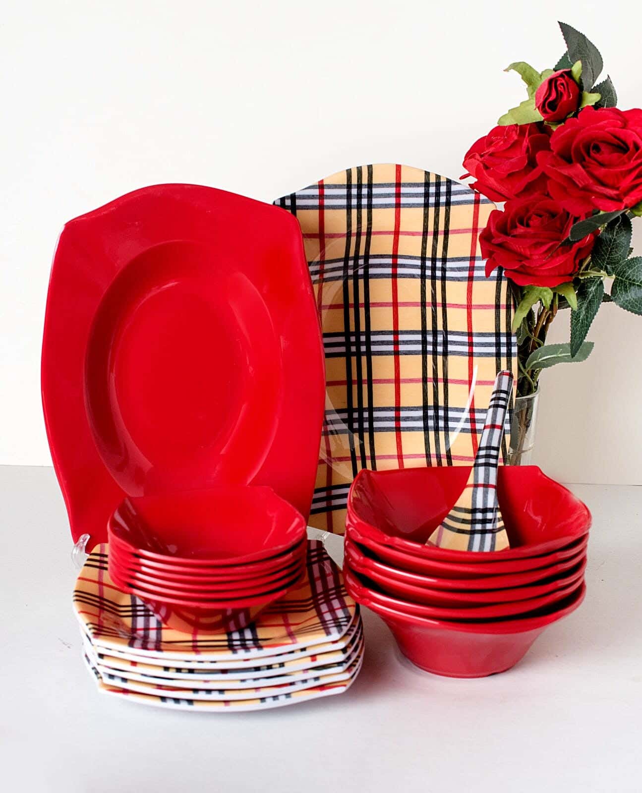 Melamine set, 38 pieces, square, pure melamine, mixed carotene - red