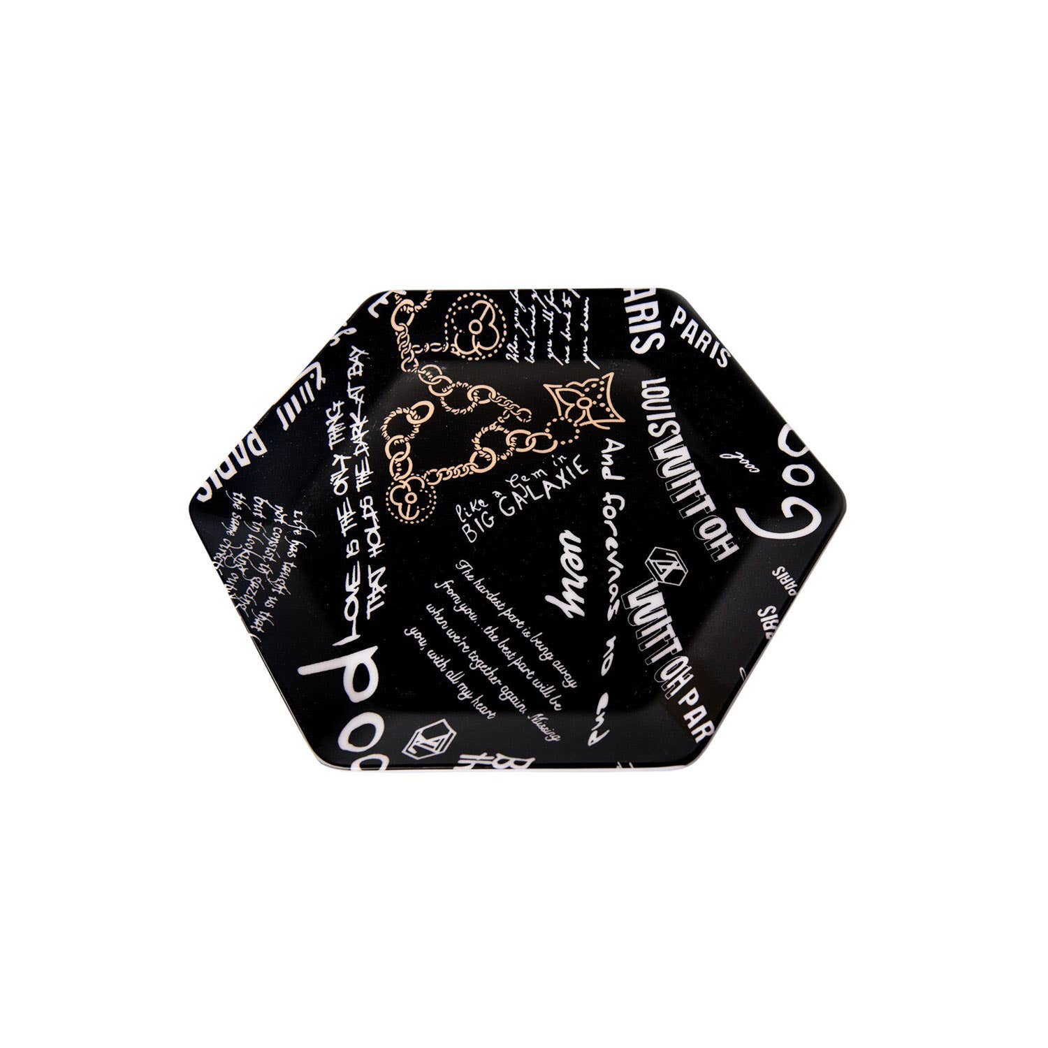 Flat dish set, 6 pieces, decorative, pure melamine, hexagonal shape - black