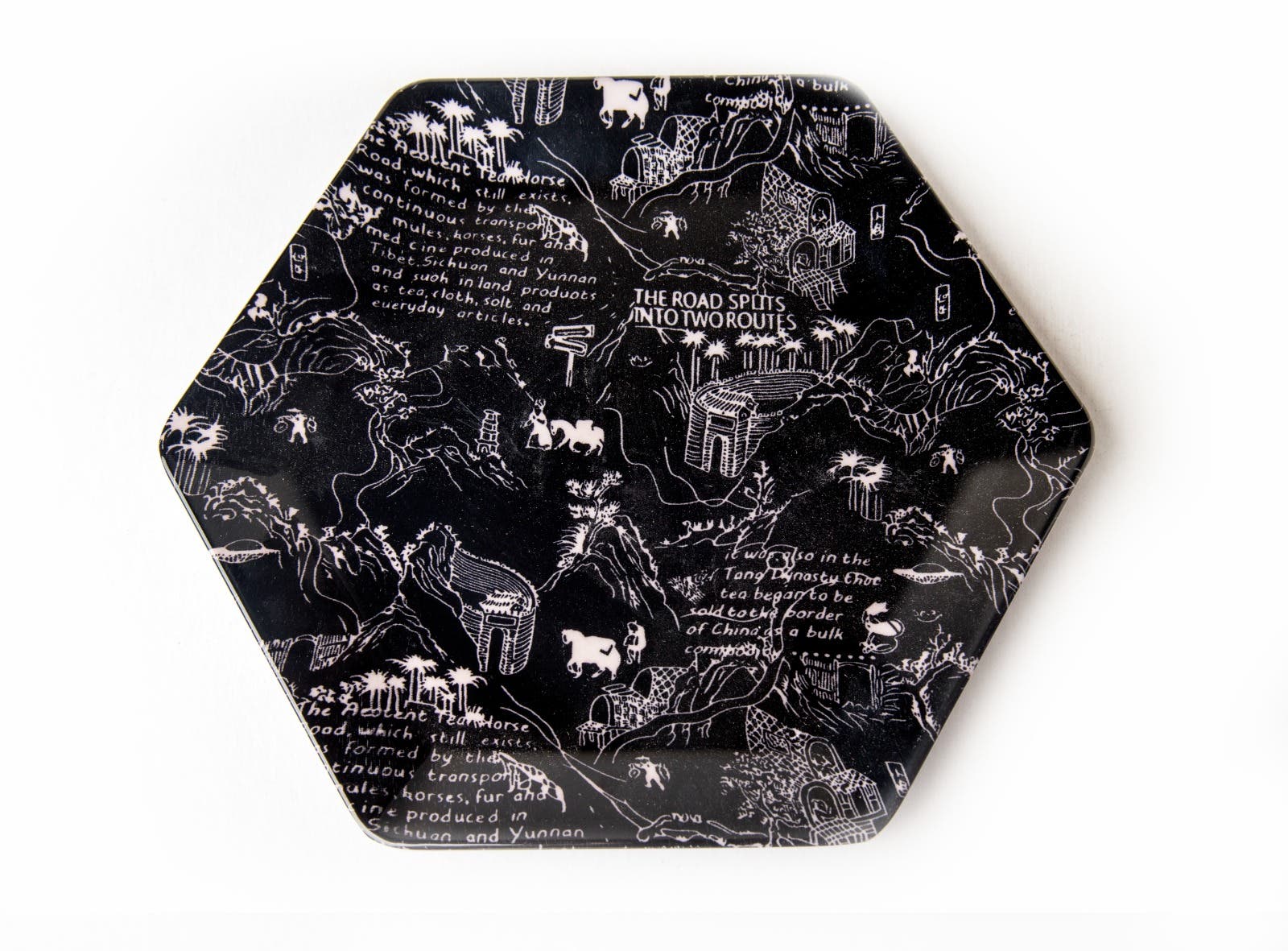 Flat dish set, 6 pieces, decorative, pure melamine, hexagonal shape - black