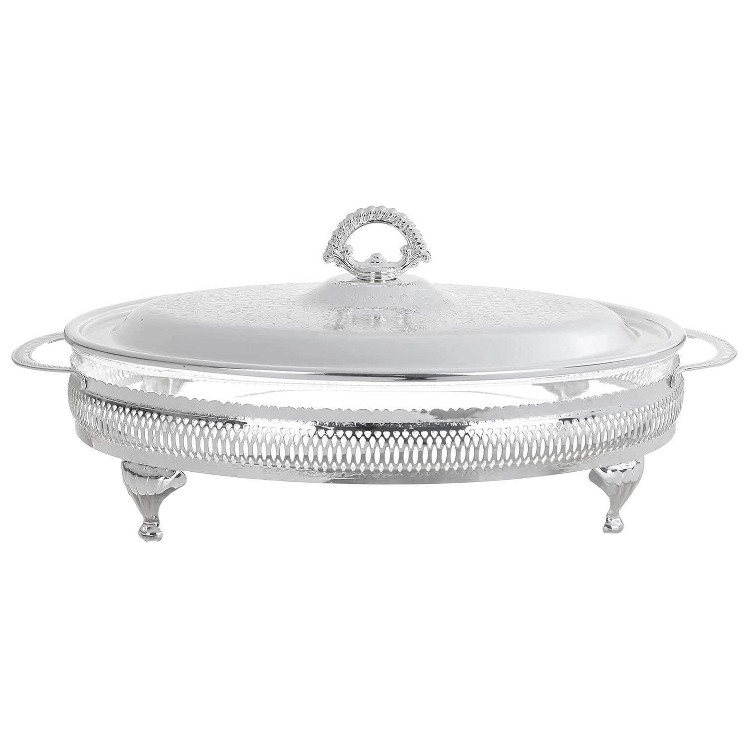 Queen Anne Oval Pyrex Plate with Lid and Stainless Steel Stand, 19×21.5×33.5 cm, 800 grm, Silver Plated - Silver Clear