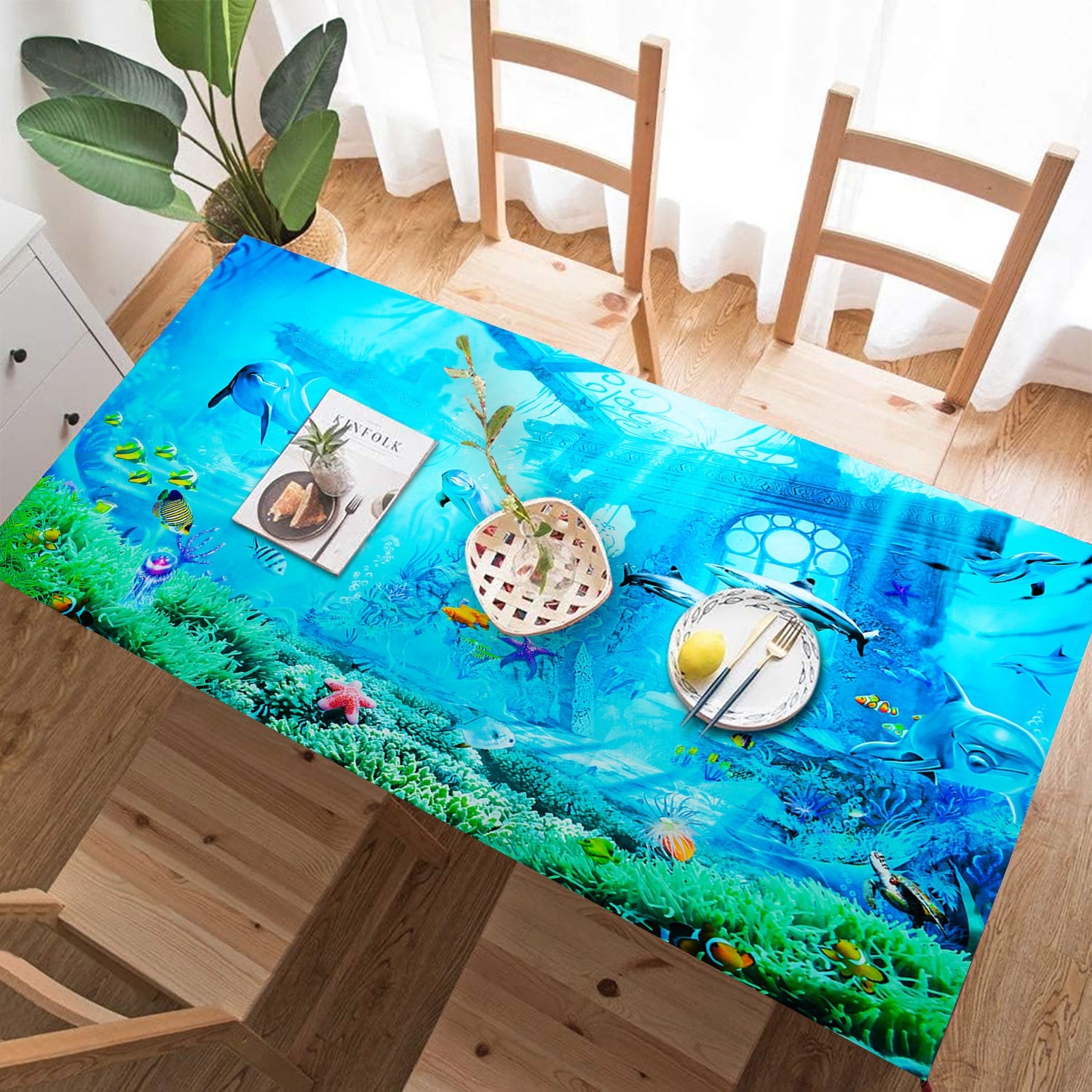 Velvet Tablecloth, 240×145 cm - Light Blue Green