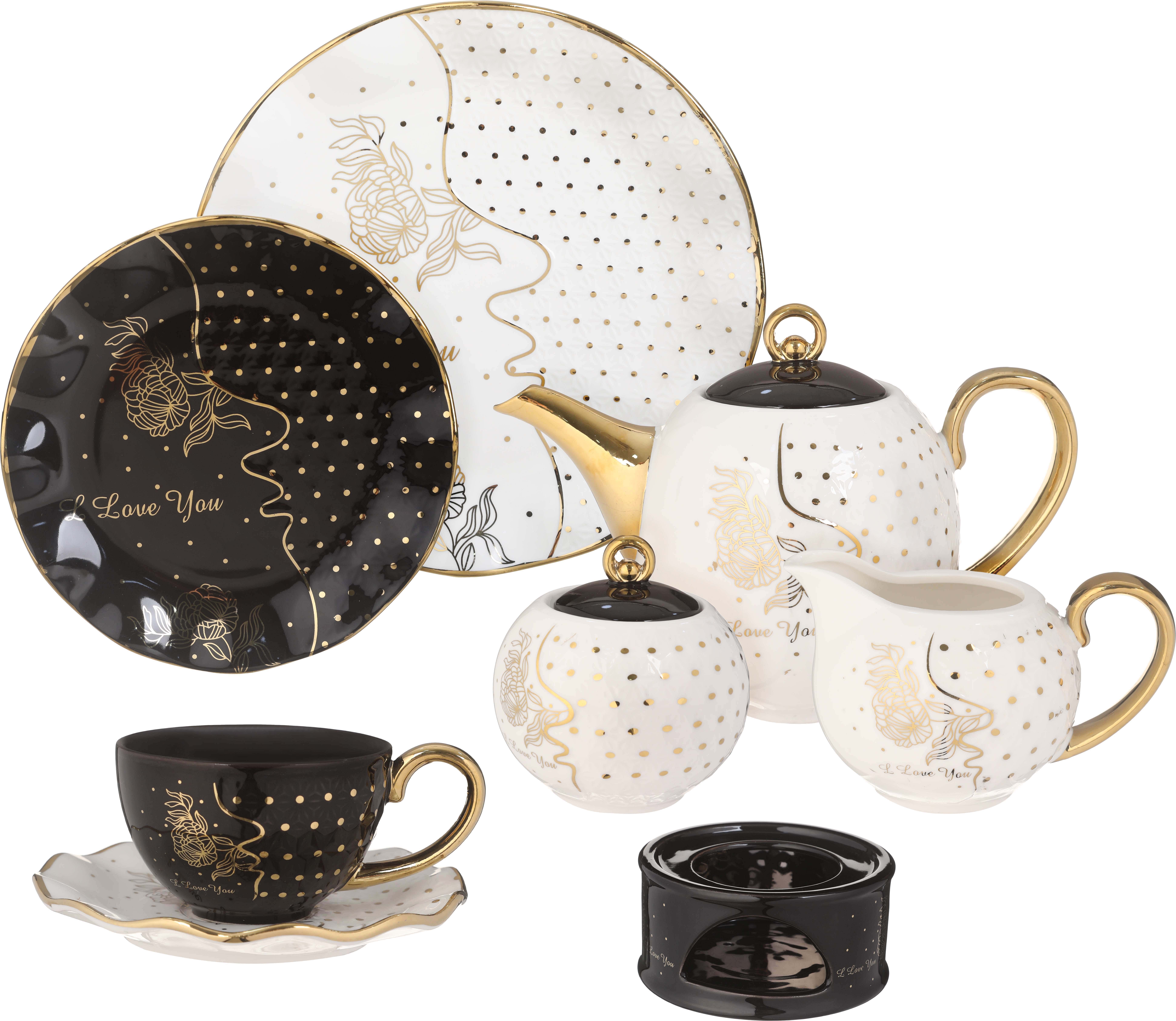 Al Aseel Porcelain Tea and Tea Set, 24 Pieces - White Black