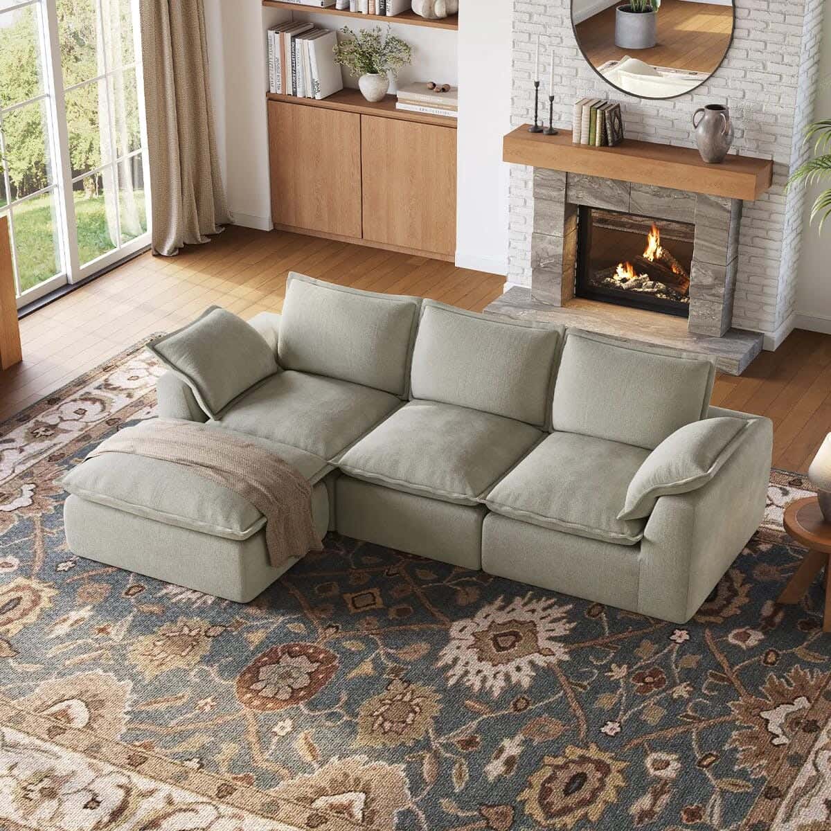 3-seater sofa, beech wood and velvet fabric with pouf, 240×80×80 cm - light gray