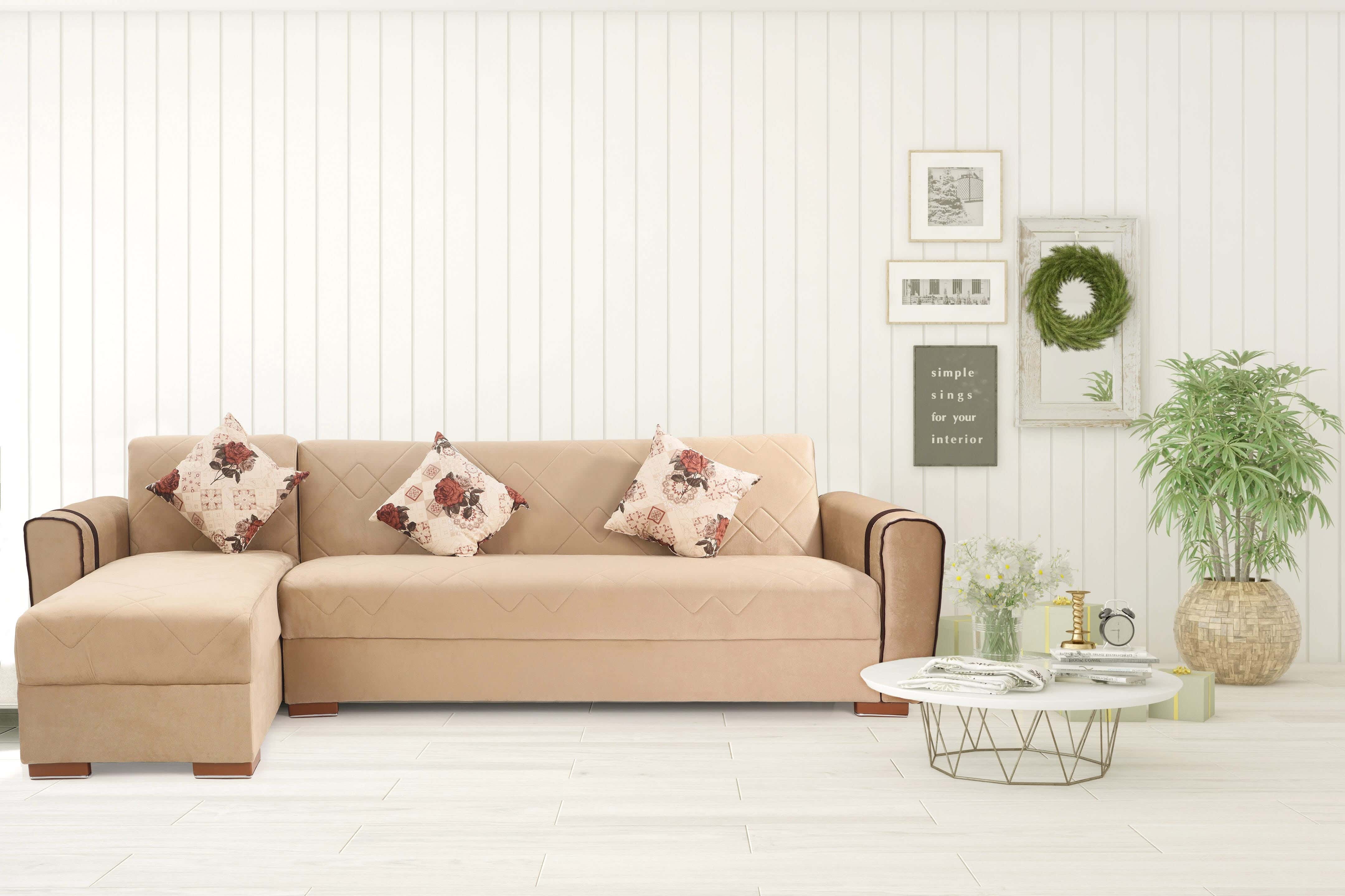 Musky & Beech Wood L-Shaped Corner Sofa Bed, 2 Pieces, 3 Cushions, 276x136x81 cm - Beige