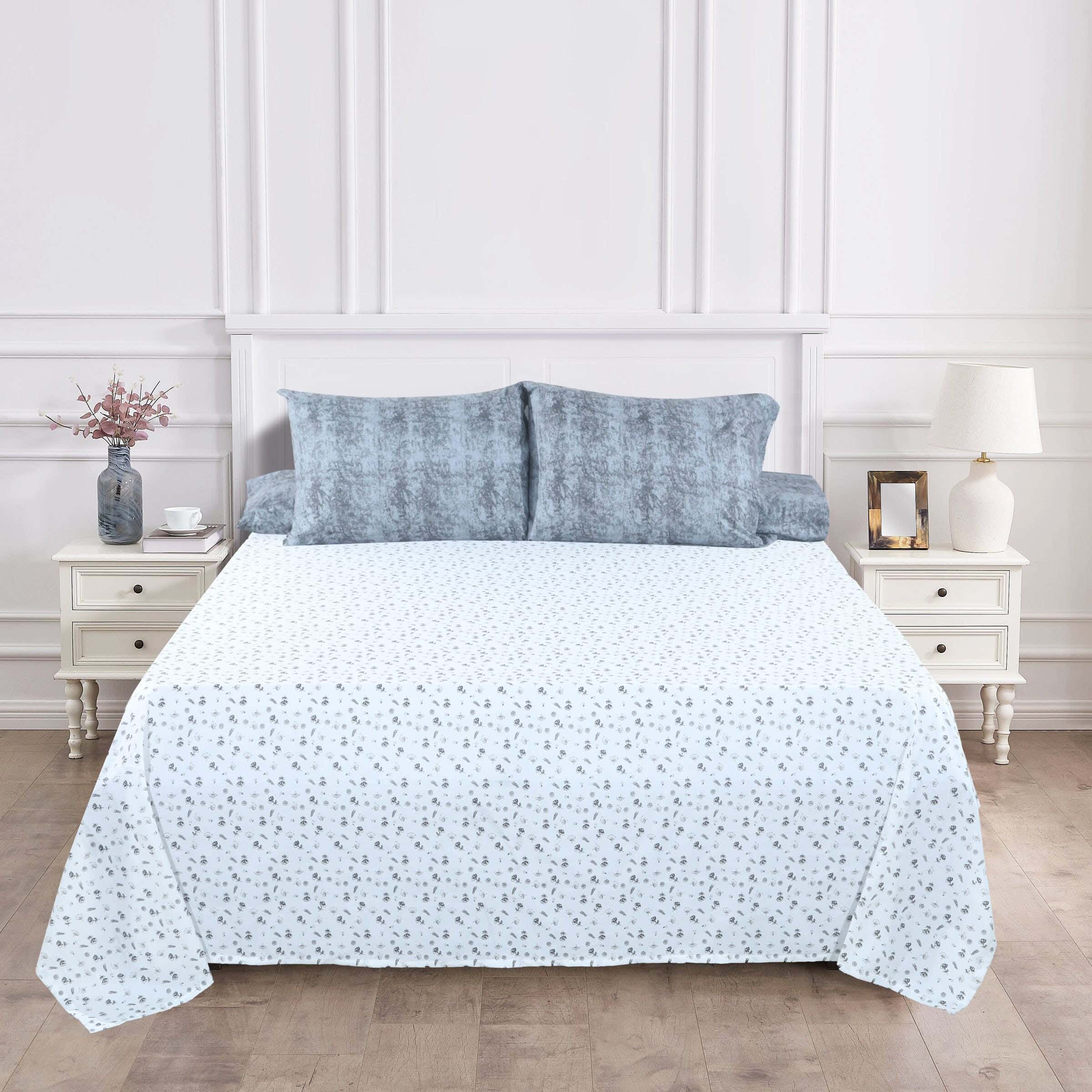 Keeva Cotton Bed Sheet Set, 4 Pieces, 240x260 cm, 1900 gm - White Grey