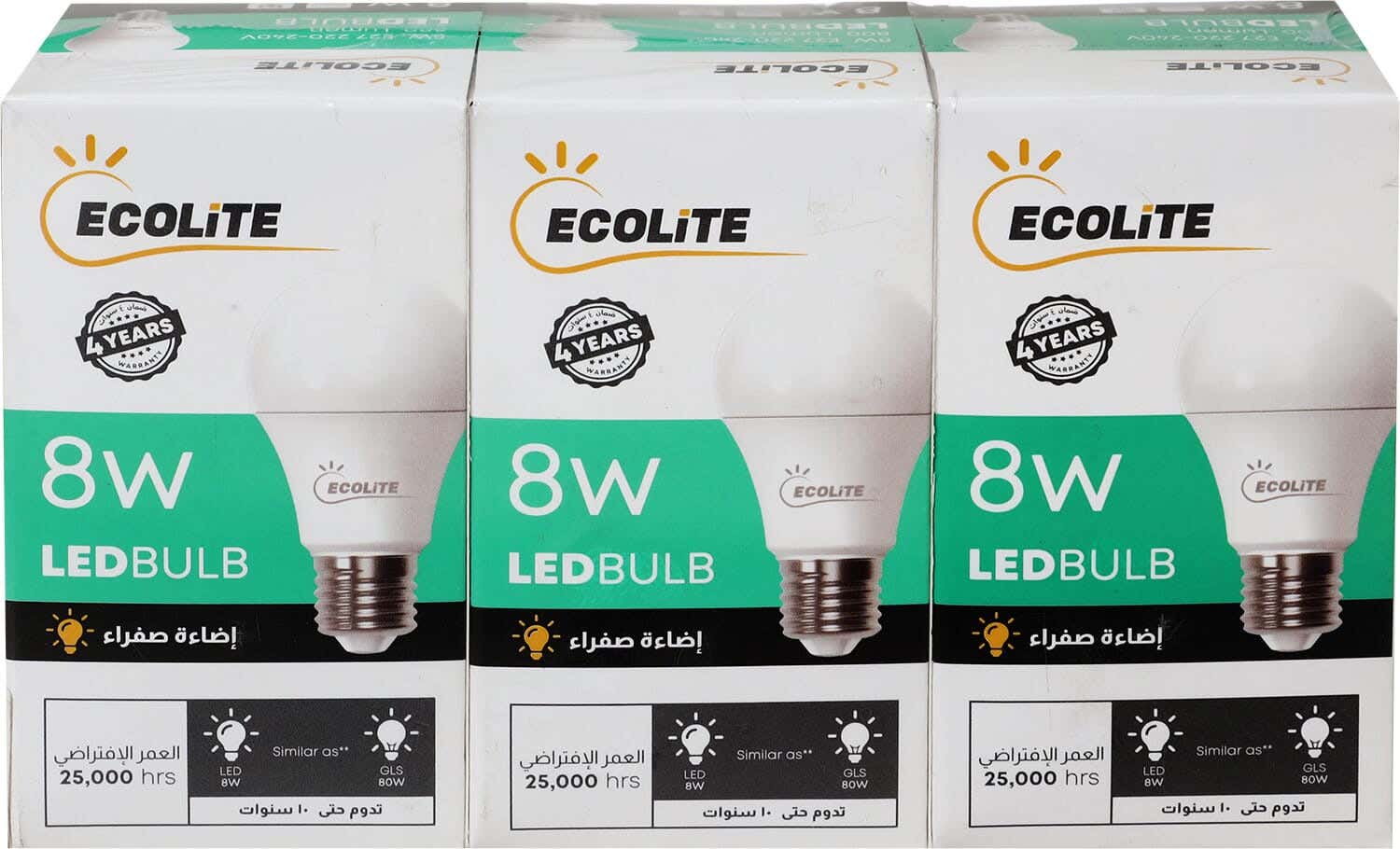 Ecolight Led Bulb Set, 3 Pieces, 8 Watt, 800 Lumens - Yellow