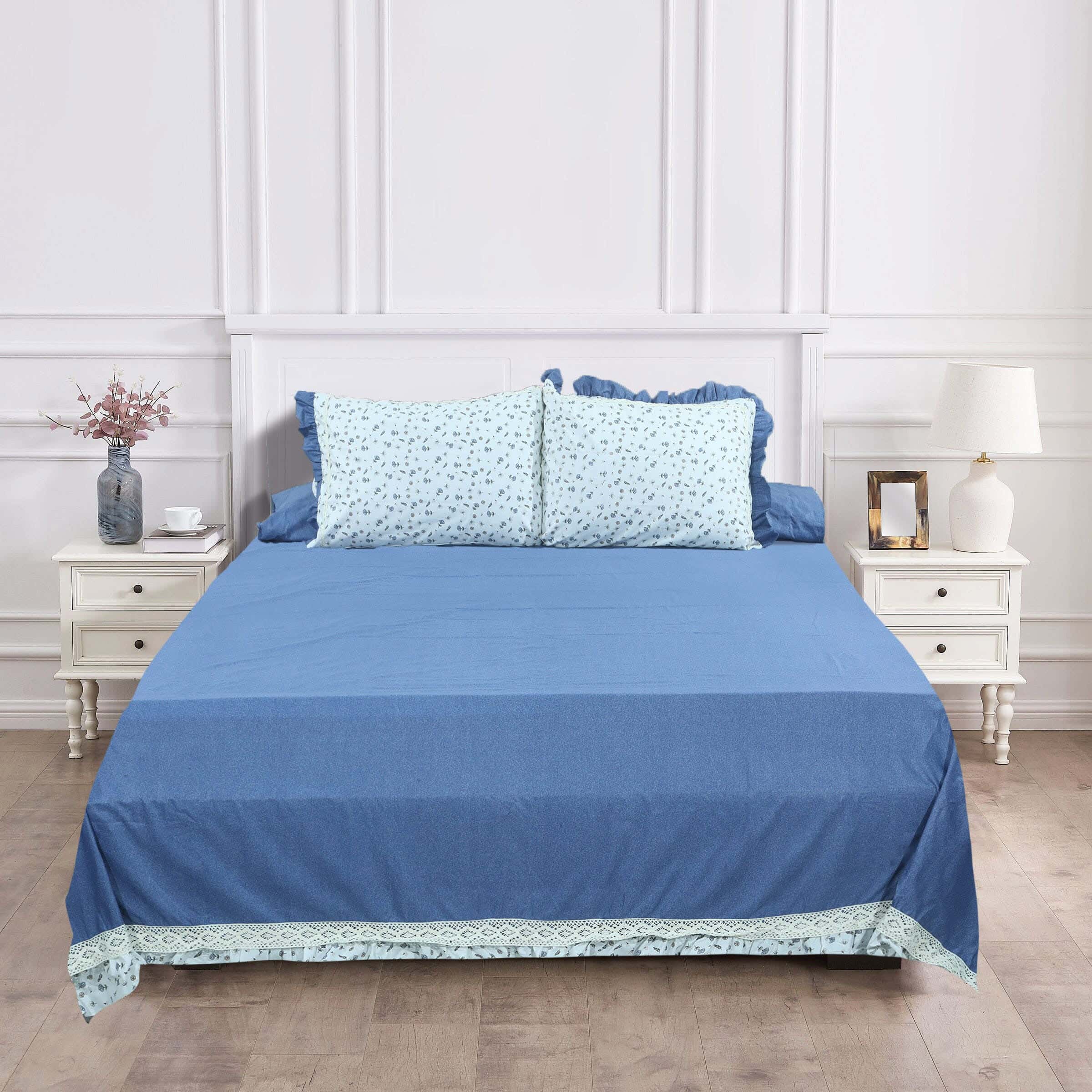 Keeva Cotton Bed Sheet Set, 4 Pieces, 250×270 cm, 2800 grams - Blue