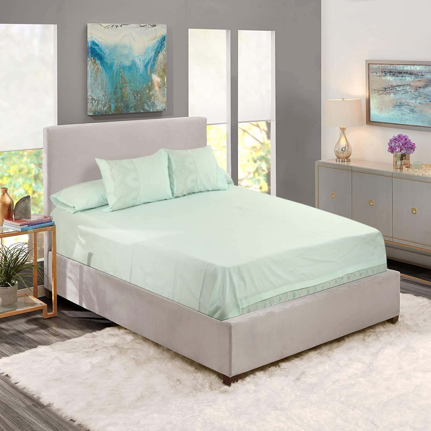 Besan Embroidered Cotton Bed Sheet Set, 4 Pieces, Approximately 2650 Grm - Turquoise