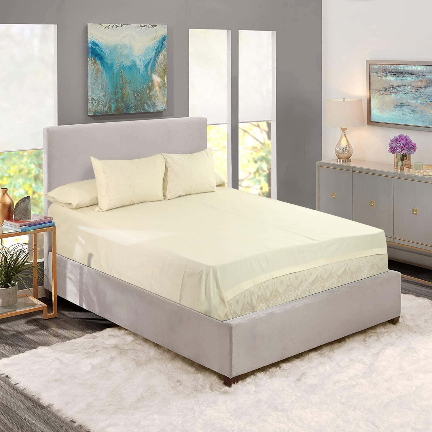 Besan Embroidered Cotton Bed Sheet Set, 4 Pieces, Approximately 2650 Grm - Beige