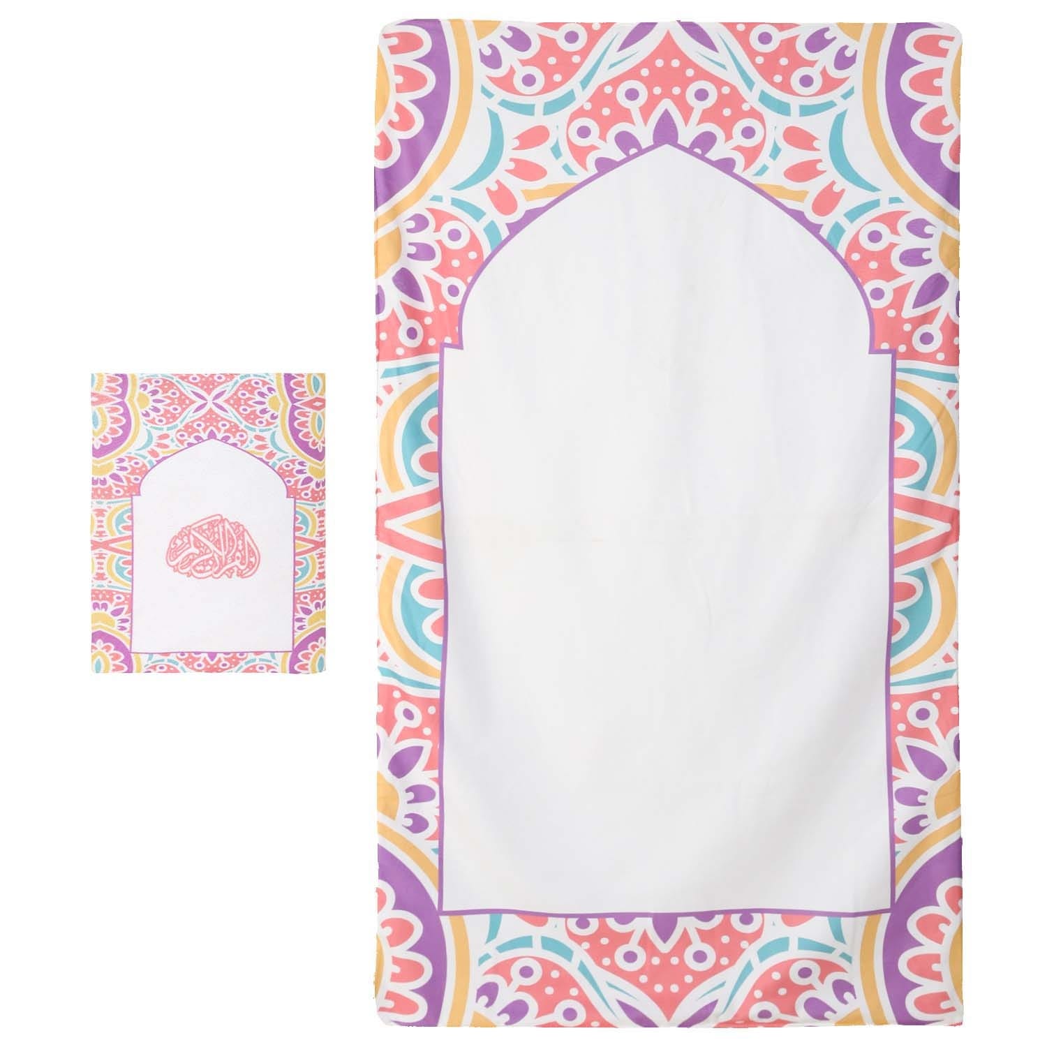 Velvet Prayer Mat with Quran cover, 120×70 cm - White Light Red