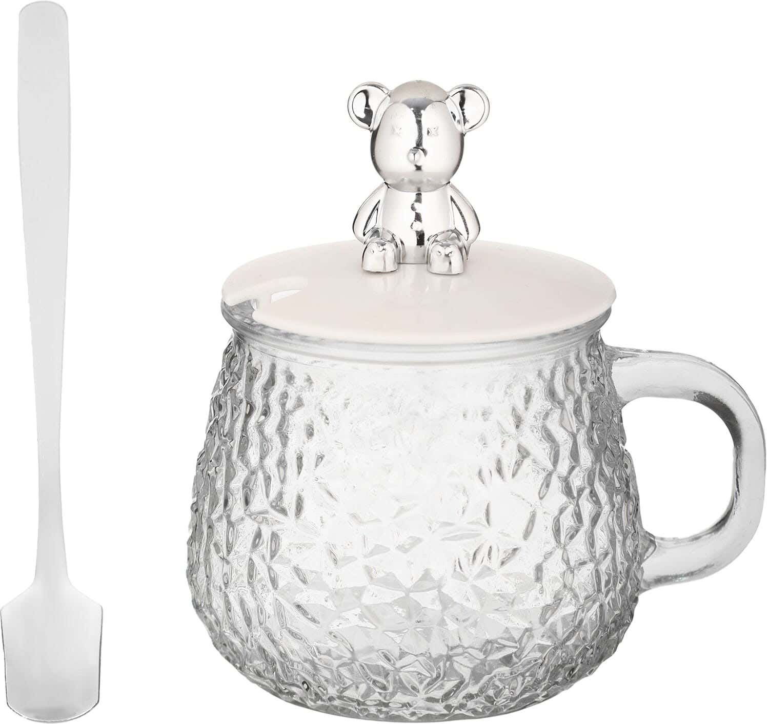 Glass Mug With Plastic Bear-Shaped Lid, 400 Ml, With A Metal Spoon - Clear